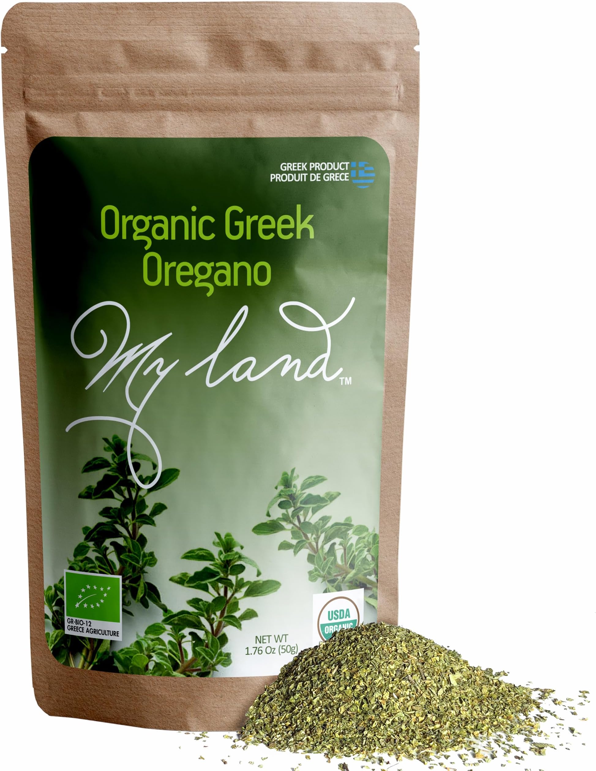My Land Organic Greek Oregano - Cut & Sifted Dried Leaves (1.76 oz / 50 g) | USDA Organic Herb from Mount Olympus, Greece | Naturally Aromatic for Cooking & Herbal Tea