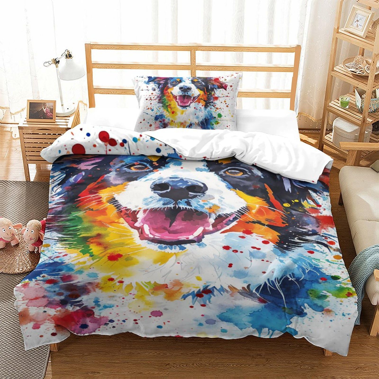 Housse de couette chien 3D SheepLe microfibre lit simple 135x200 cm avec 2 taies