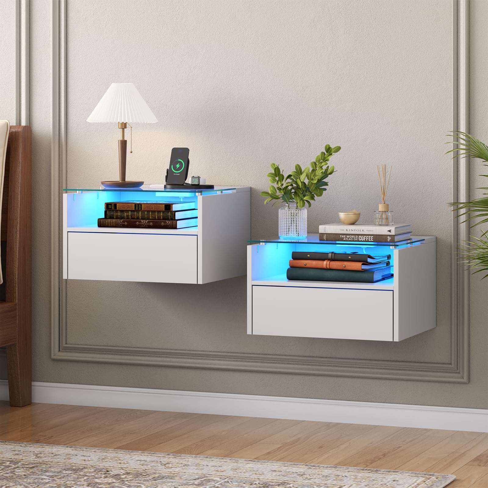 White Floating Nightstands Set of 2, 18.9” Bedside Table w/Charging Station and LED Light, Floating Shelf with Drawer, Wall Mounted Night Stand for Bedroom, Entryway Wall.
