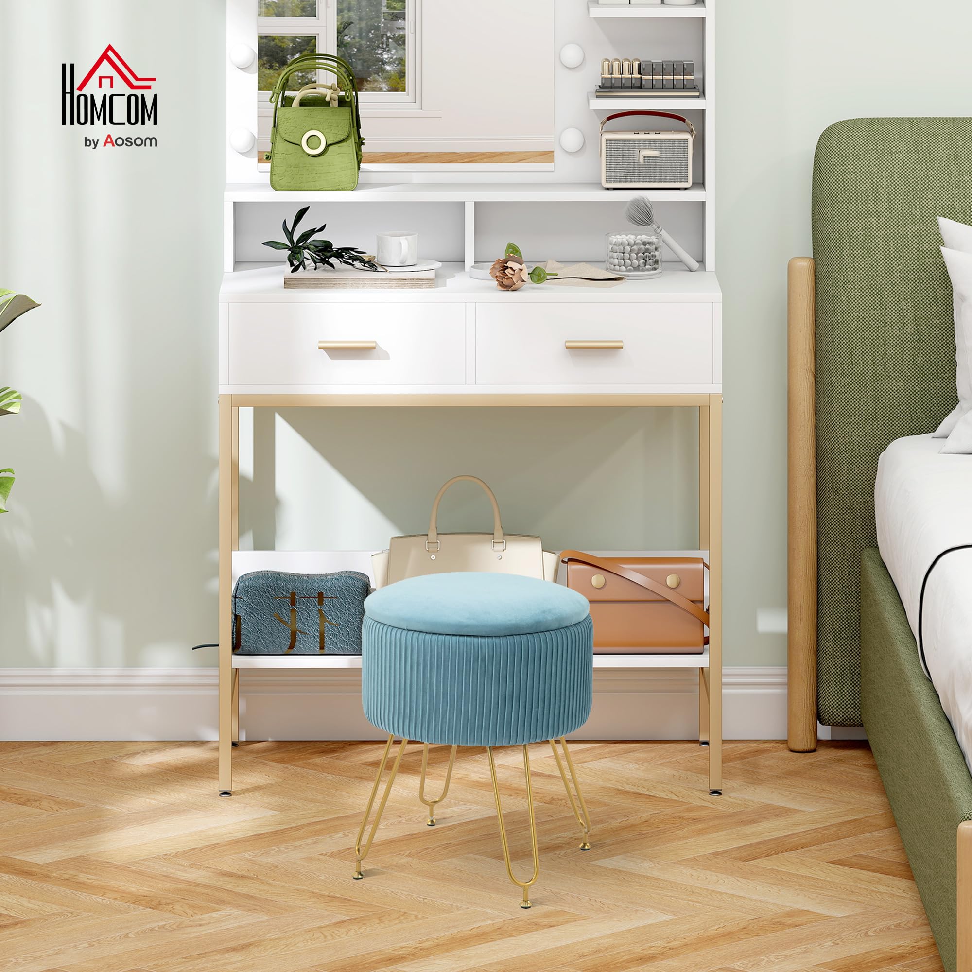 AKORD | Pouf en Velours ALIA | Tabouret de Pied | Rangement pour Petits Objets | Moderne | Velours Rembourré | Pouf déco piqué | pour Le Salon & la Chambre | Beige