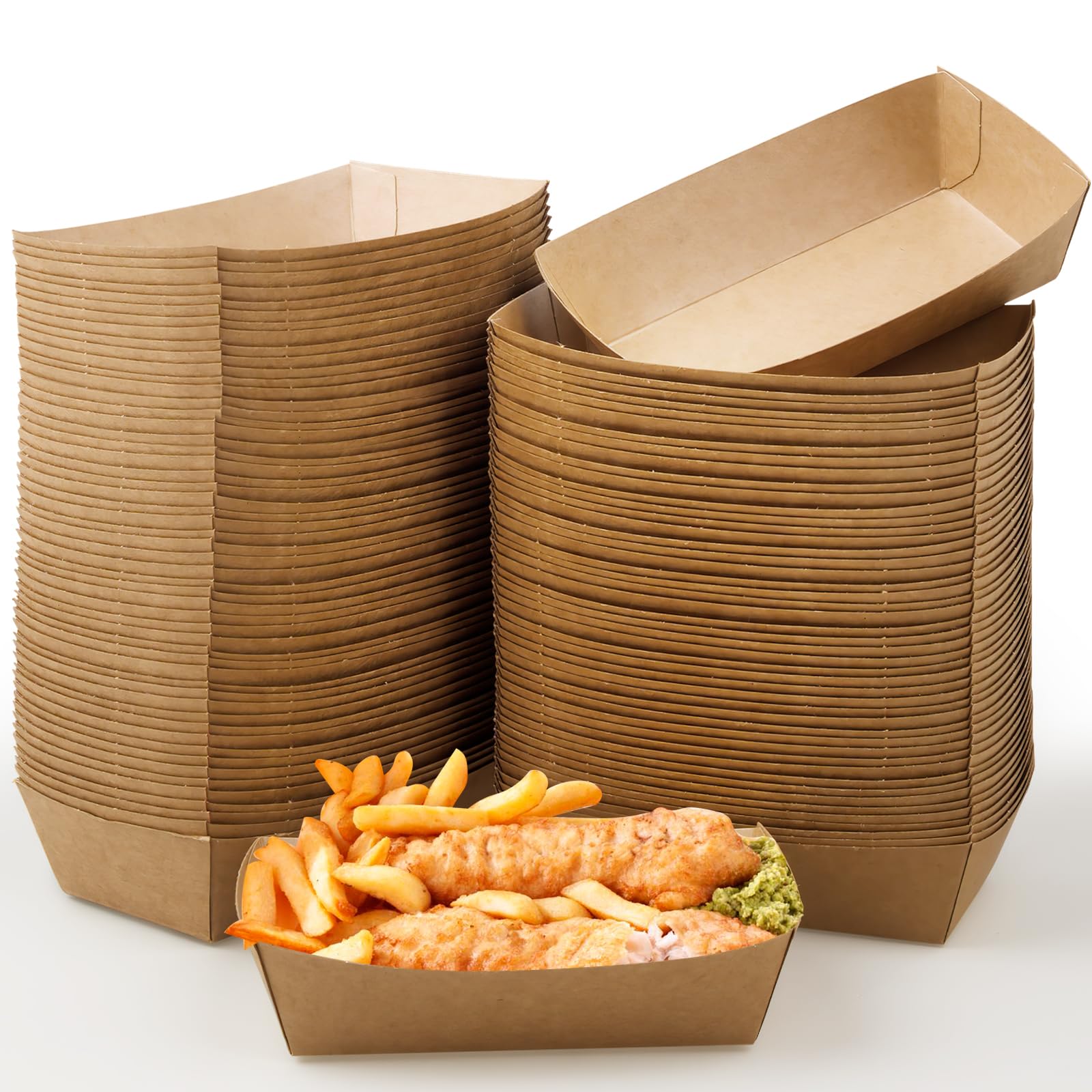 MotBach 100 Pack 3lb Kraft Paper Food Trays – Waterproof Disposable Serving Boats For Fries, Burgers, Hot Dogs & Parties - View #2
