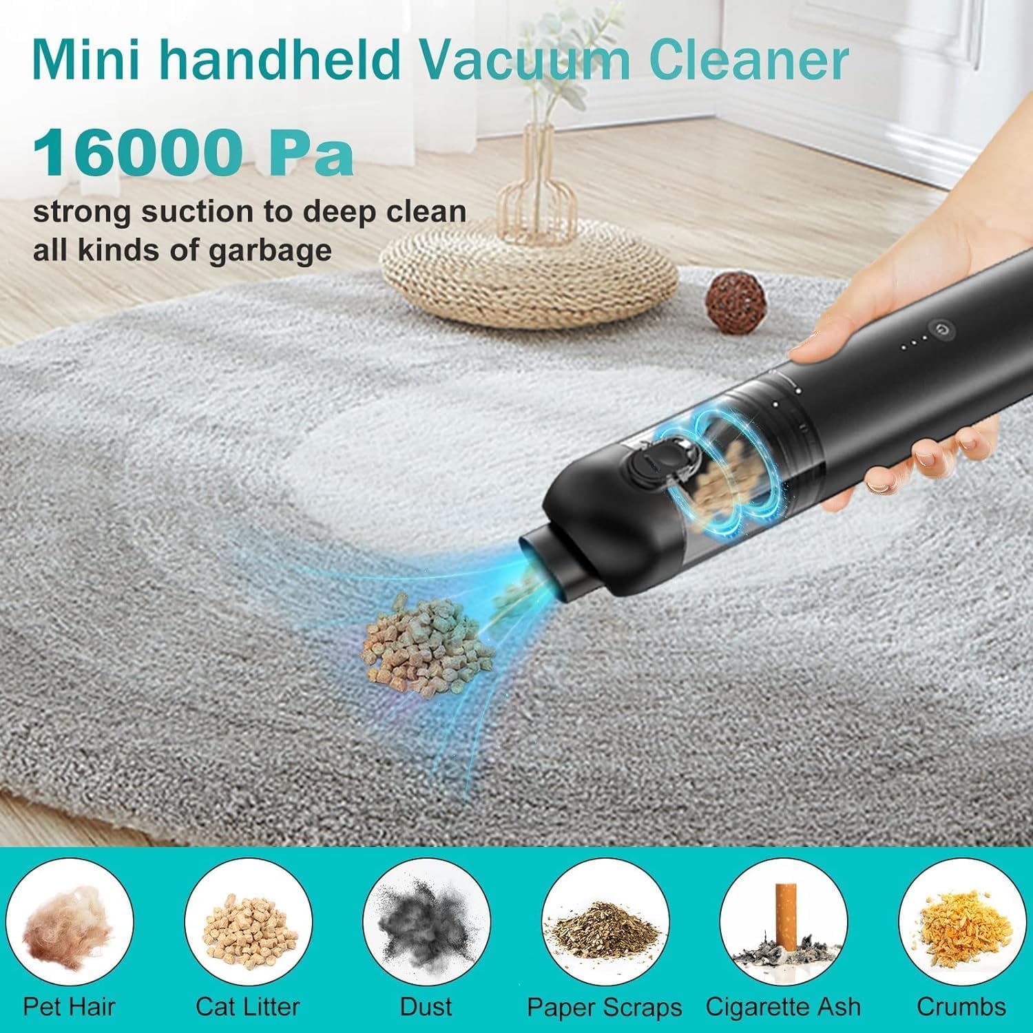 Akjbl Handheld Vacuum Cordless Car Vacuum Cleaner 16,000 Pa Strong Powerful Suction Vacuum Cleaners Car Mini Vacuum, Portable Vacuum Cleaner for Car Home Office, Ultra Light Dust Busters for Pet Hair