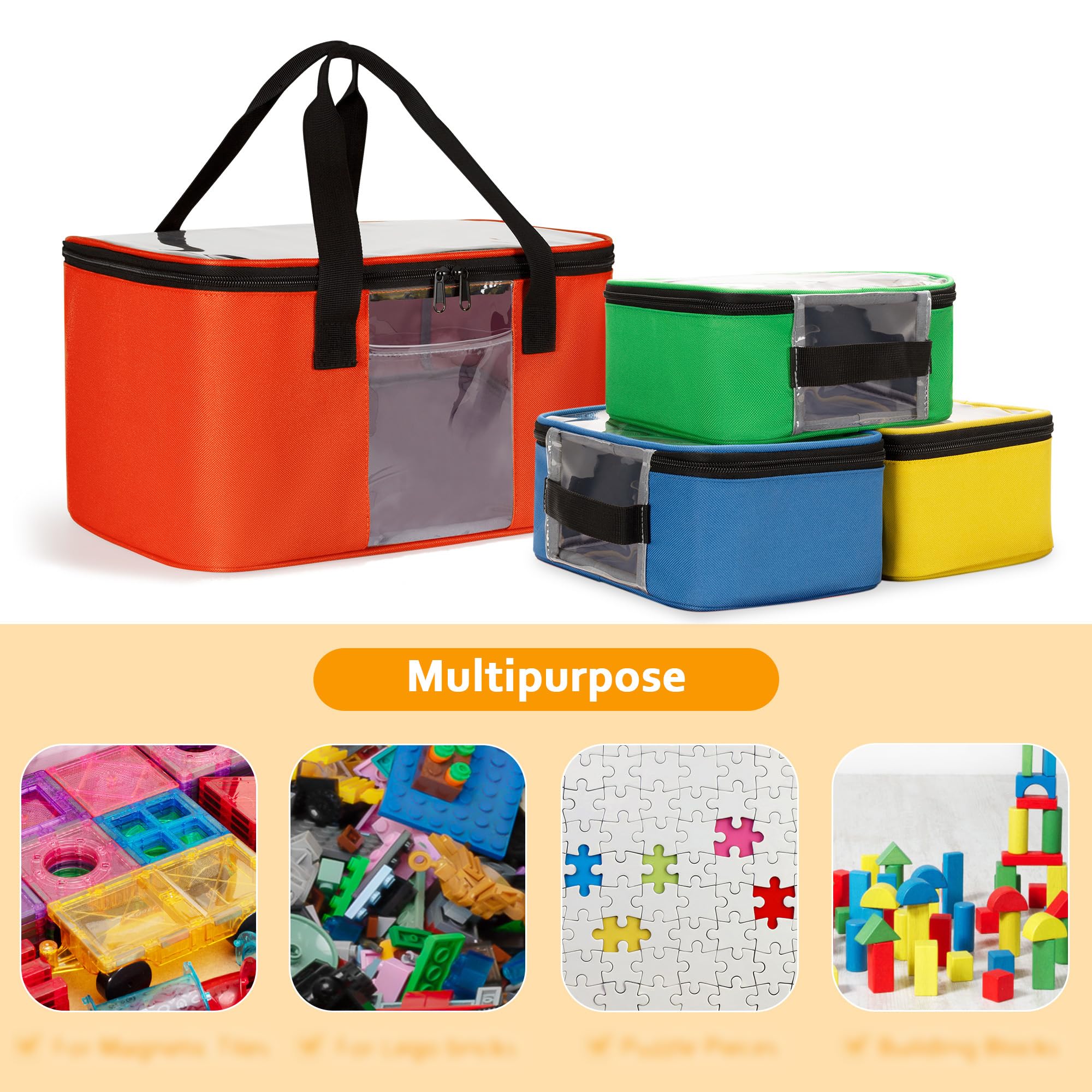Rexmica Paquete de 4 bolsas de almacenamiento de juguetes para azulejos magnéticos de construcción, bolsa organizadora de almacenamiento de juguetes multifunción, bloques magnéticos, bolsa de viaje