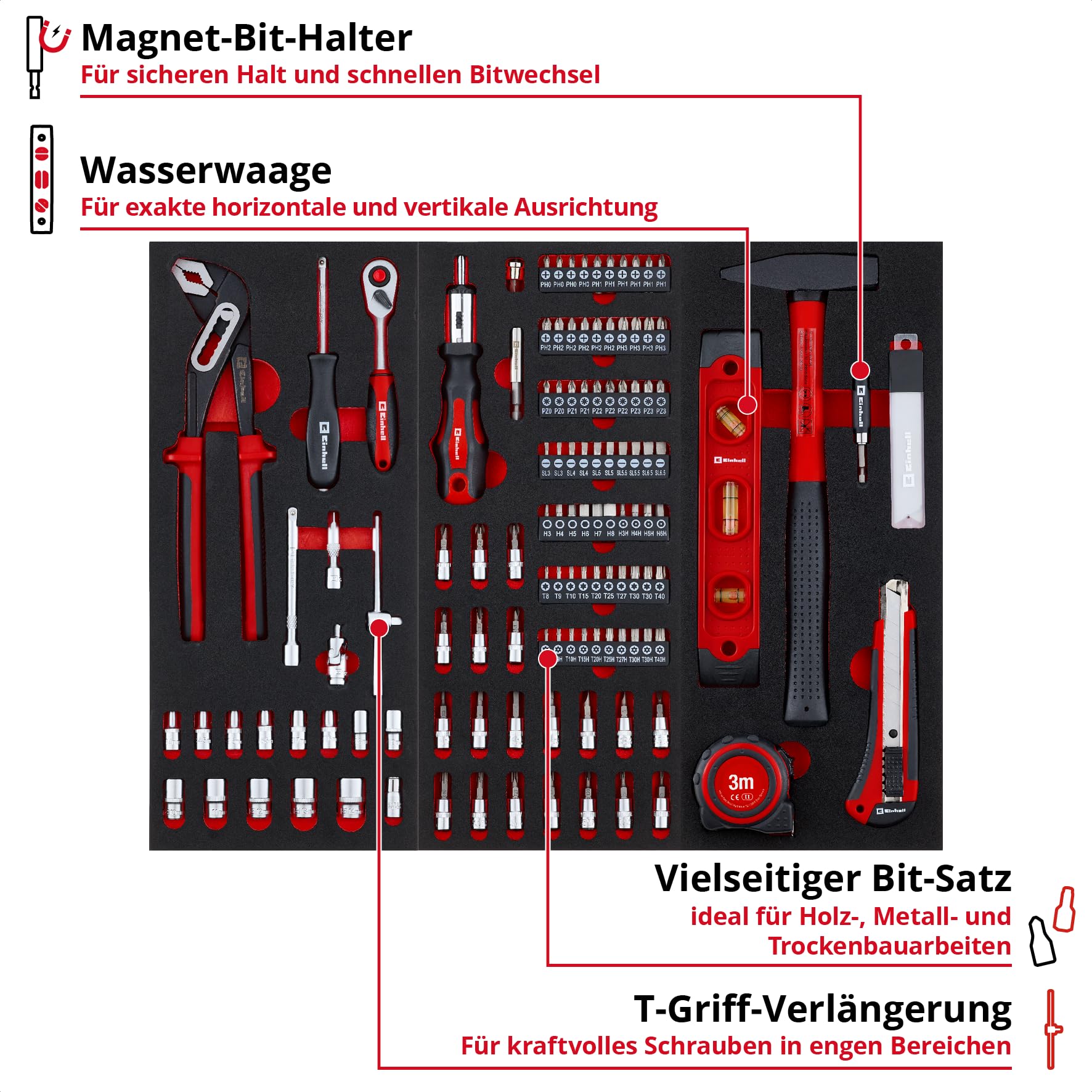Einhell Kit d'outils pour servante d'atelier 6 pads – 287 pièces avec embouts de précision et spéciaux, pinces, vis, clé à douille, niveau à bulle, marteau et mètre ruban