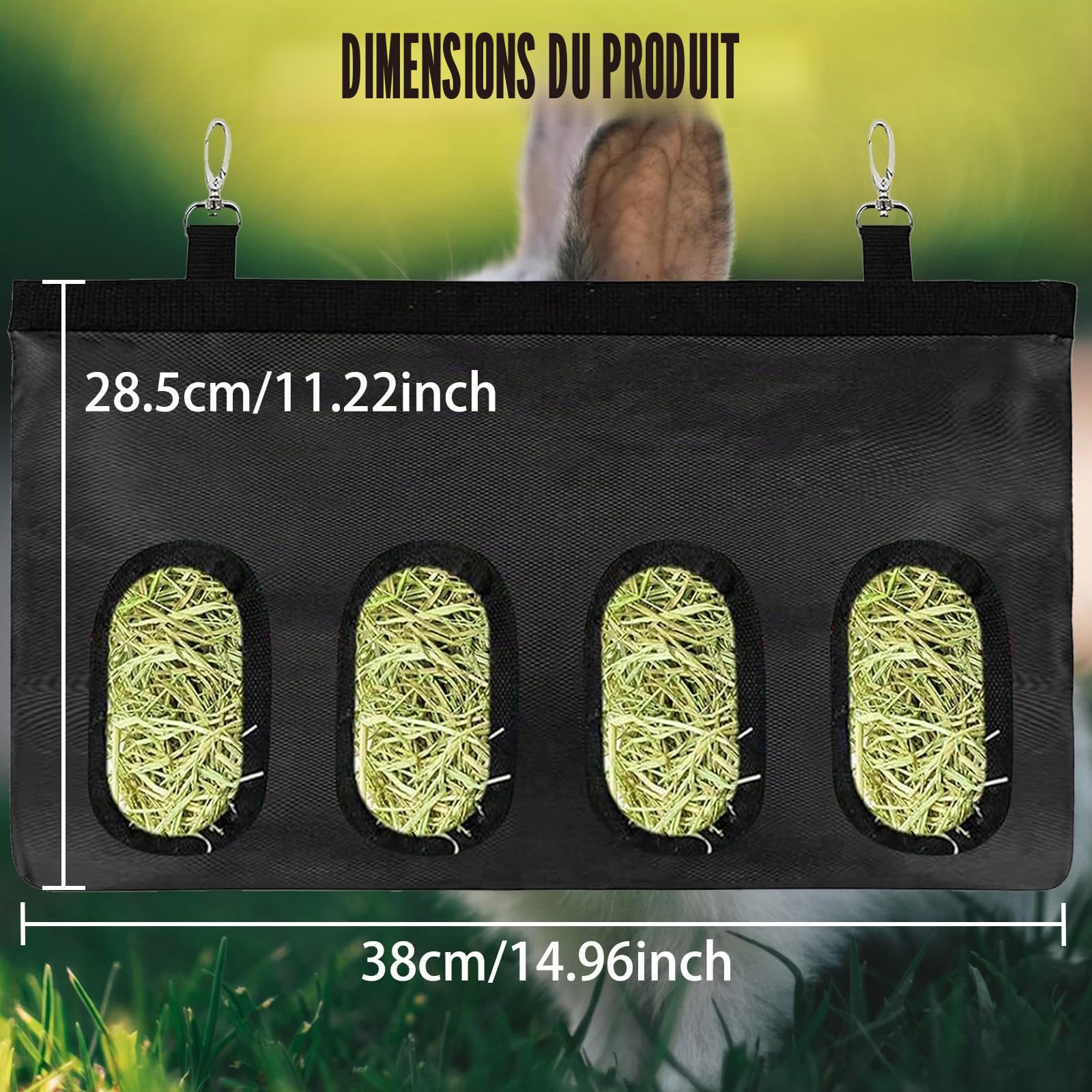 Sac à Foin pour Lapin, Distributeur Automatique Suspendu avec 4 Fenêtres, Noir