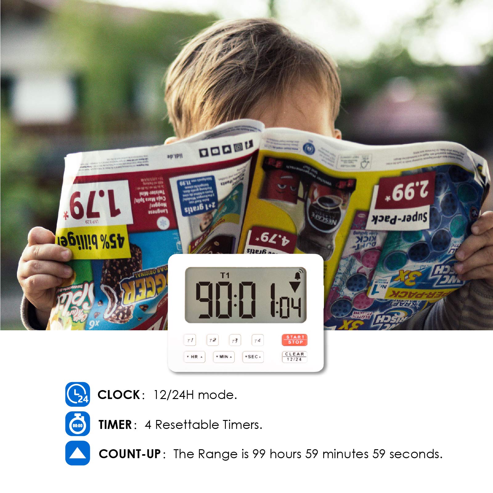 Timer digitale per desktop, timer da cucina, cronometro, conteggio, foro magnetico per sospensione per matrimonio, pensionamento, laboratorio, compiti a casa, esercizio, fitness, lavoro,