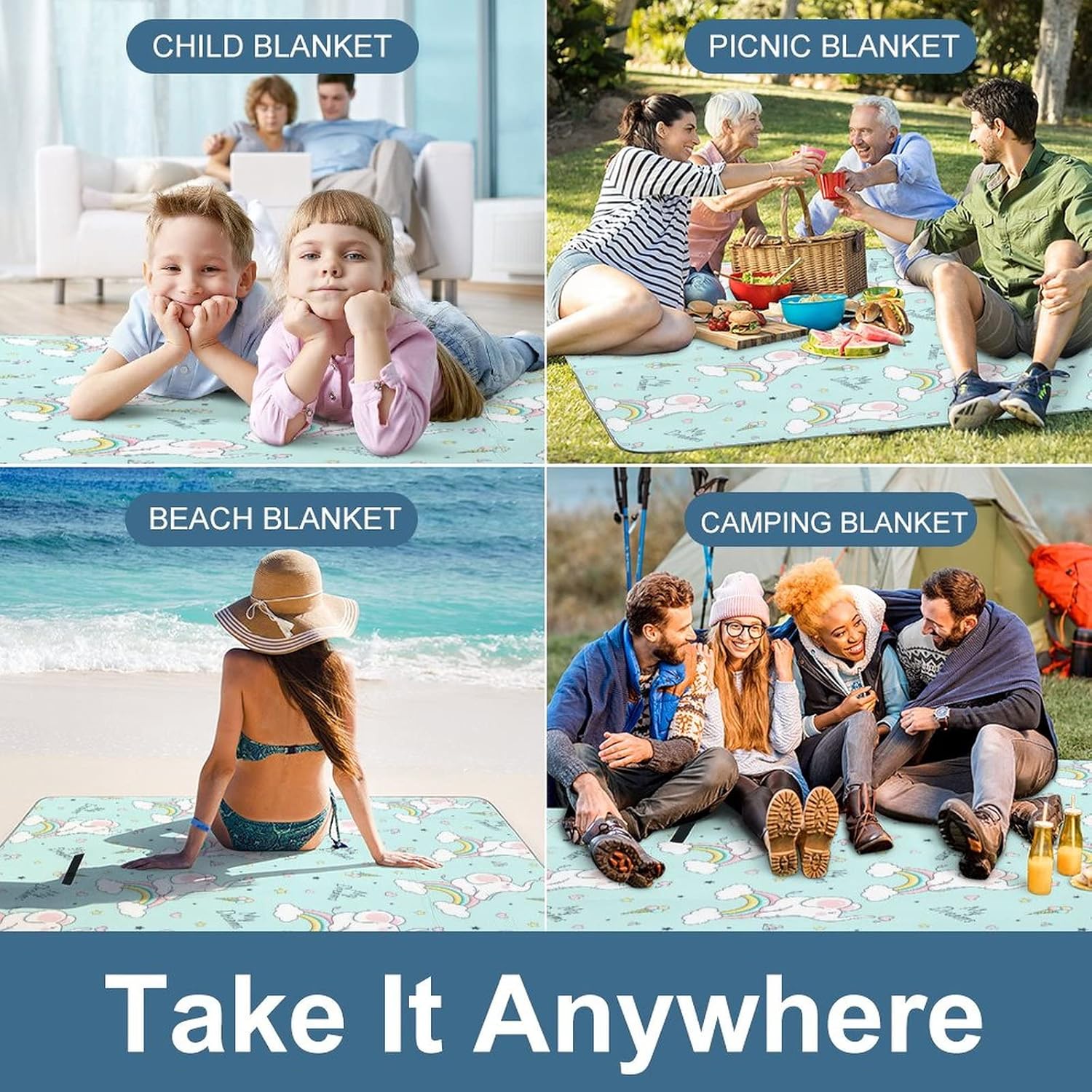 Cute Elephant Soft Waterproof Folding Picnic Blanket Cartoon Rainbow Girl Baby Elephant Ice Cream Diamond Design for Outdoor Picnics, Beach, Camping 58.3x58.3 Inch