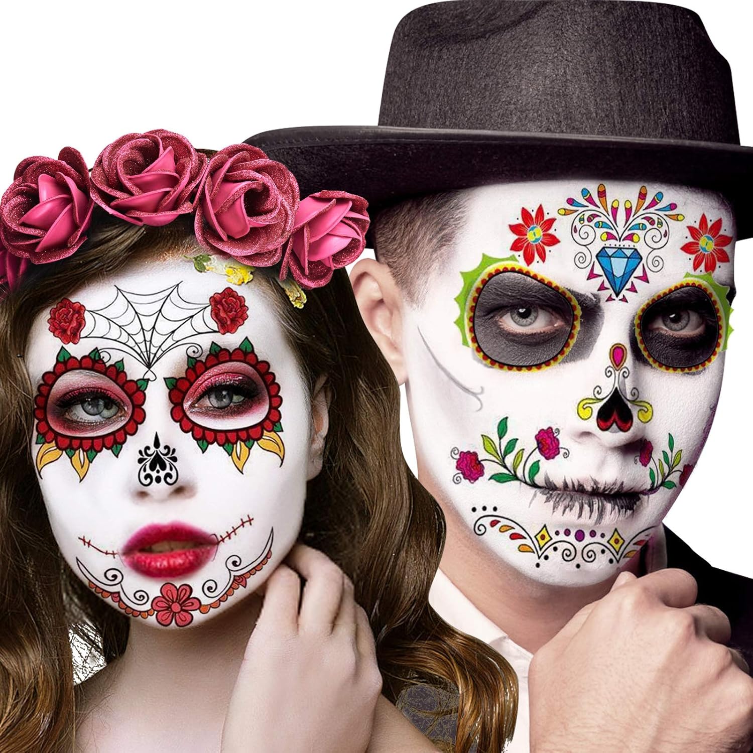 Day Of The Dead Face Tattoo Buy Day of the Dead Face Tattoos, 12 Sheets Halloween Sugar Skull Temporary Costume Makeup Tattoo kit, Floral Black Skeleton Web Red Roses Stickers Decor for Women Men Adult Kids Party Favor
