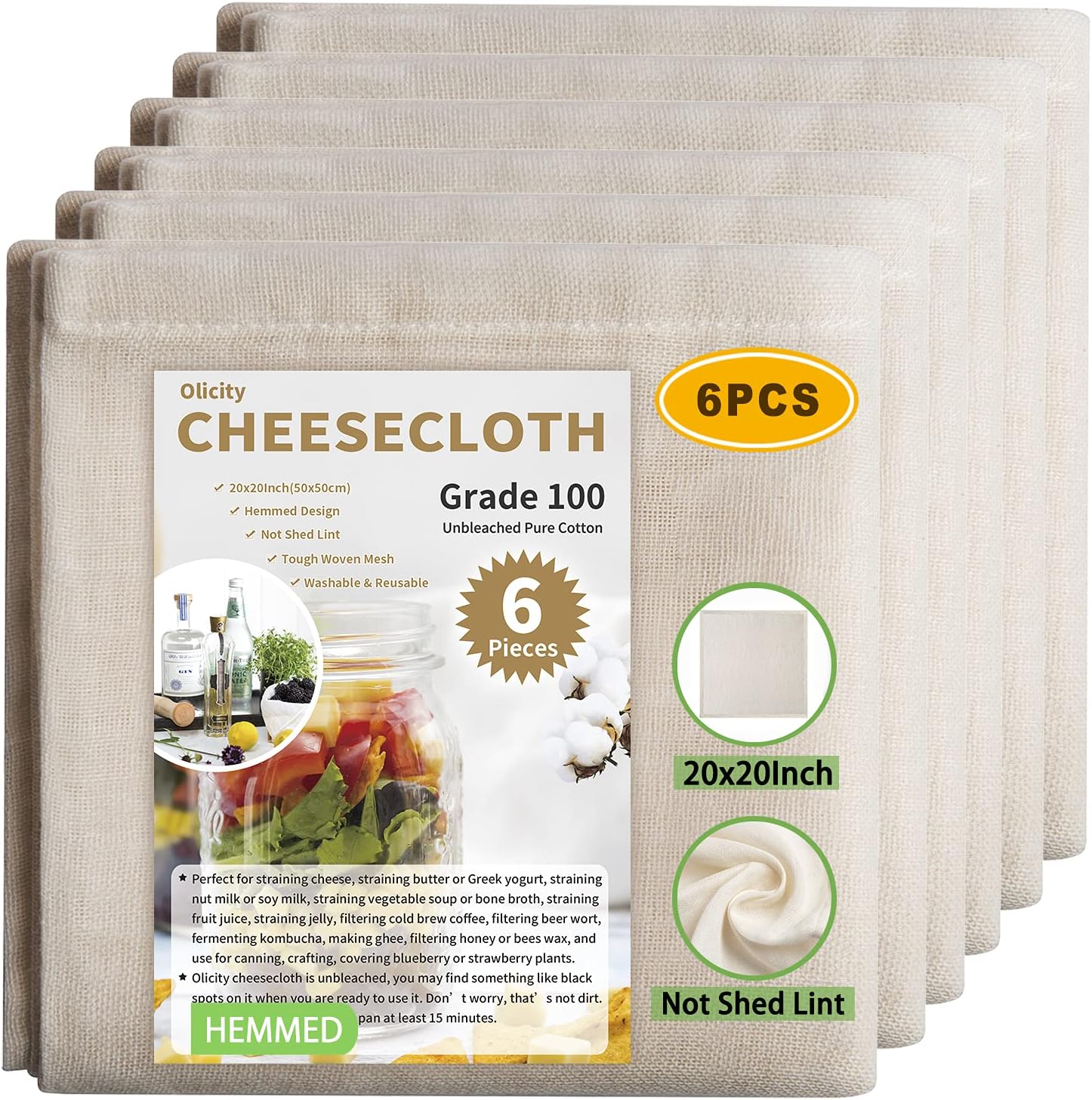 Olicity Cheese Cloths, Grade 100, 20x20Inch Hemmed