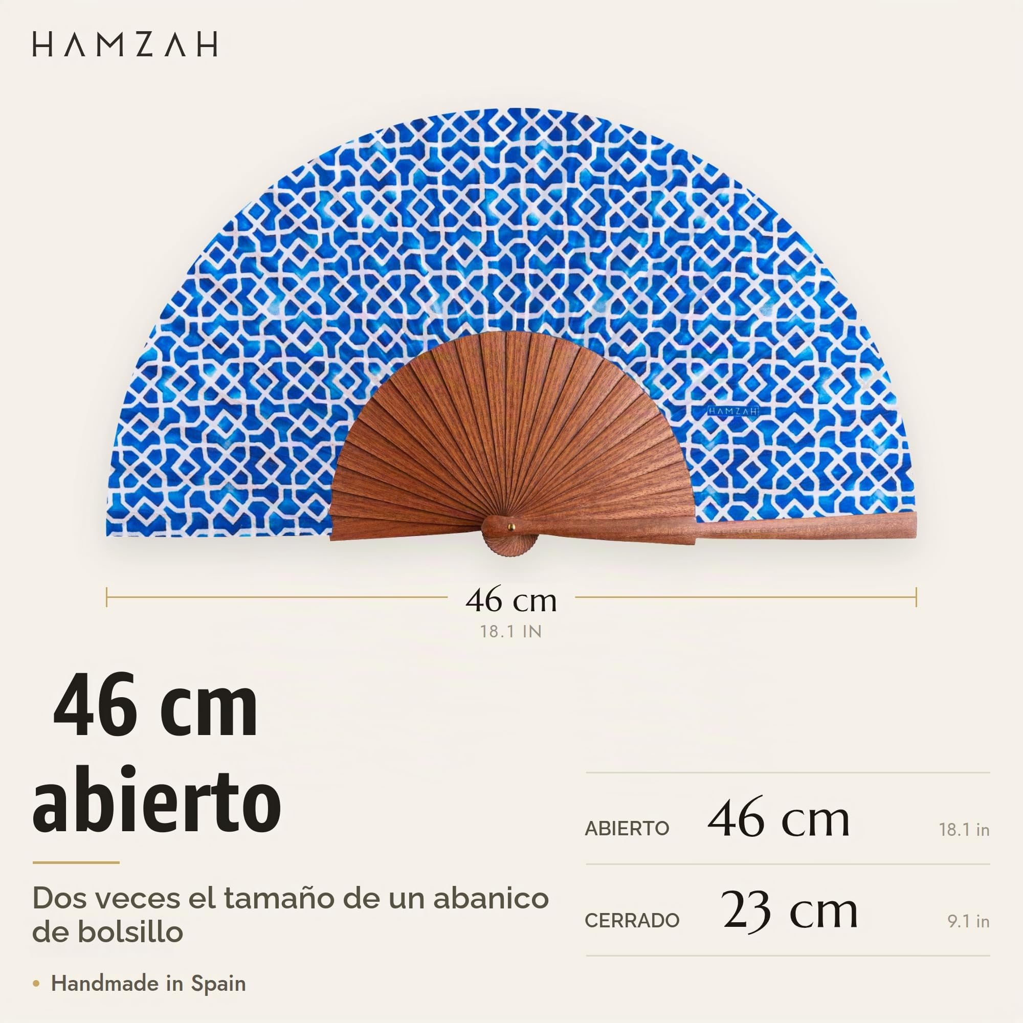 Abanico Español de Seda y Madera – Plegable 23 cm Hecho a Mano en España, Incluye Caja y Funda de Terciopelo - Hamzah (Alcazaba Azul)