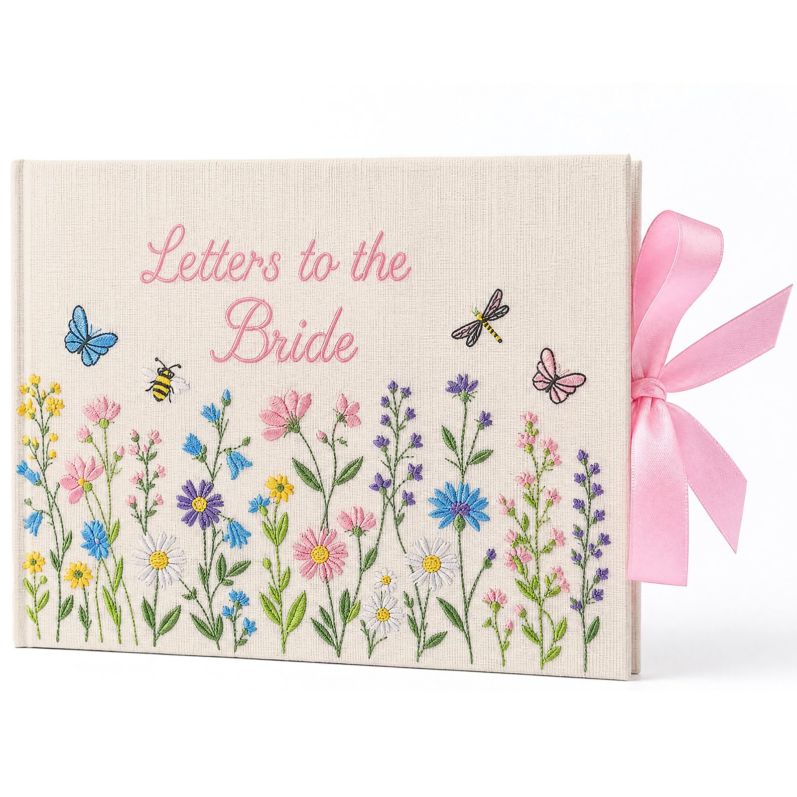 Pasimy Libro de invitados de boda con letras a la novia, álbum de recortes de 8.5 x 7 pulgadas, flores silvestres bordadas de lino para boda, álbum de fotos, álbum de fotos de papel en blanco, álbum