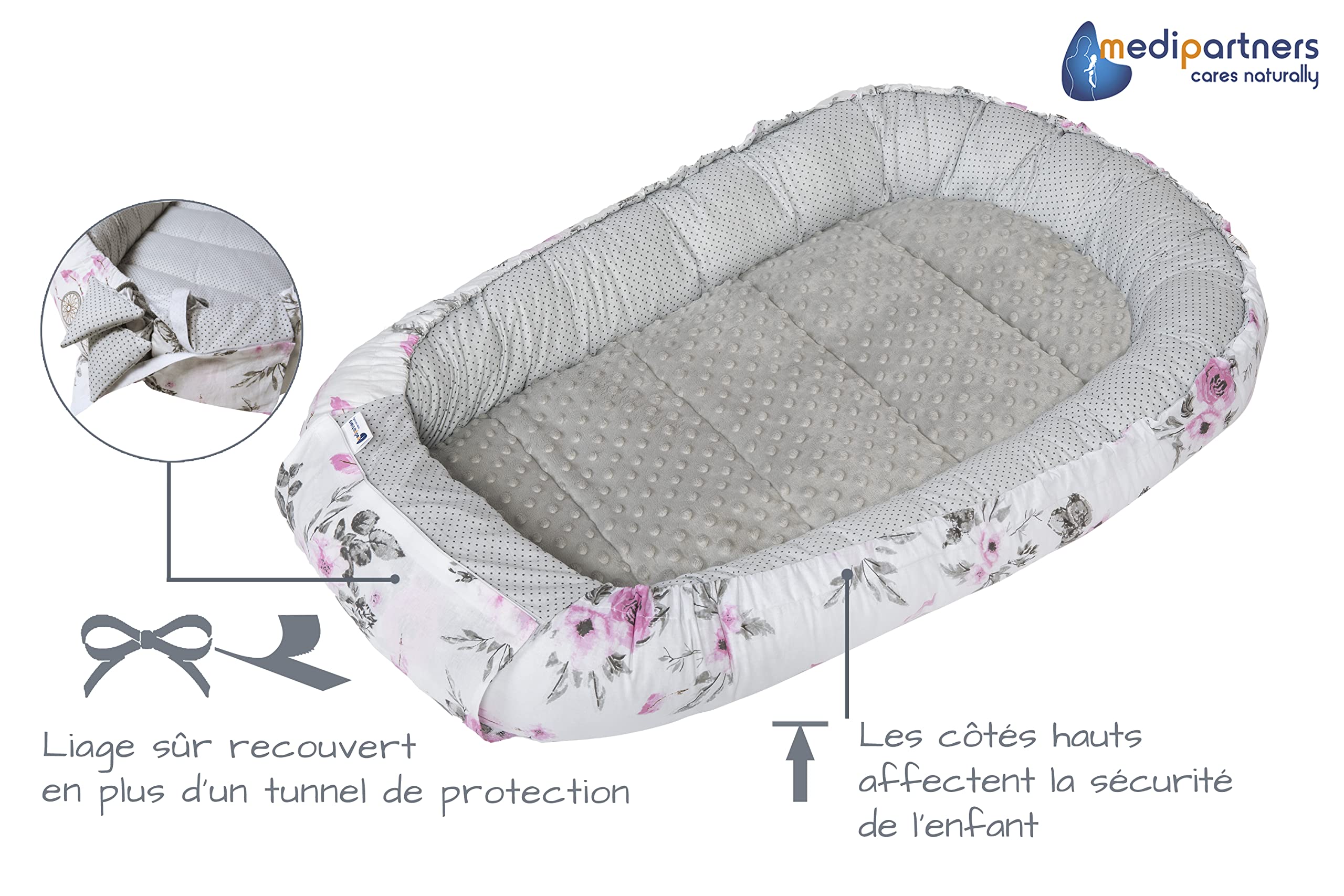 Medi Partners Reducteur de lit Bébé Cocon 100x60x15cm 100% Coton Baby Nest Nouveau-né Nid de Bébés Oreiller Couverture Insert Amovible (Catchers et Fleurs Gris Minky)