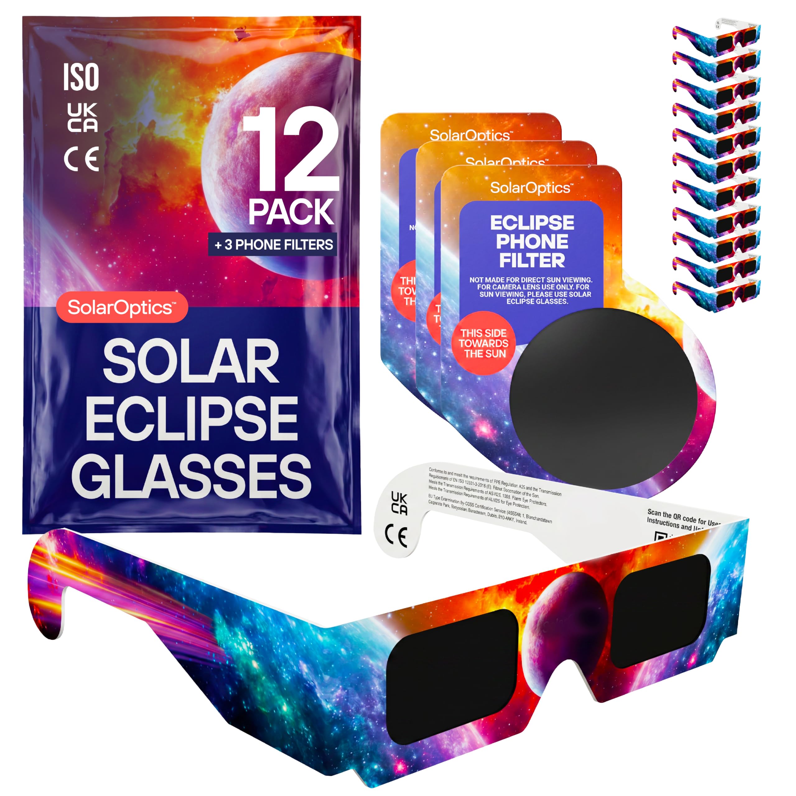 Solar Eclipse Glasses 12 Pack with 3 Phone Filters – ISO 12312-2 & CE Certified Sun Viewing Glasses + Smartphone Filters, Eclipse 2026 Kit