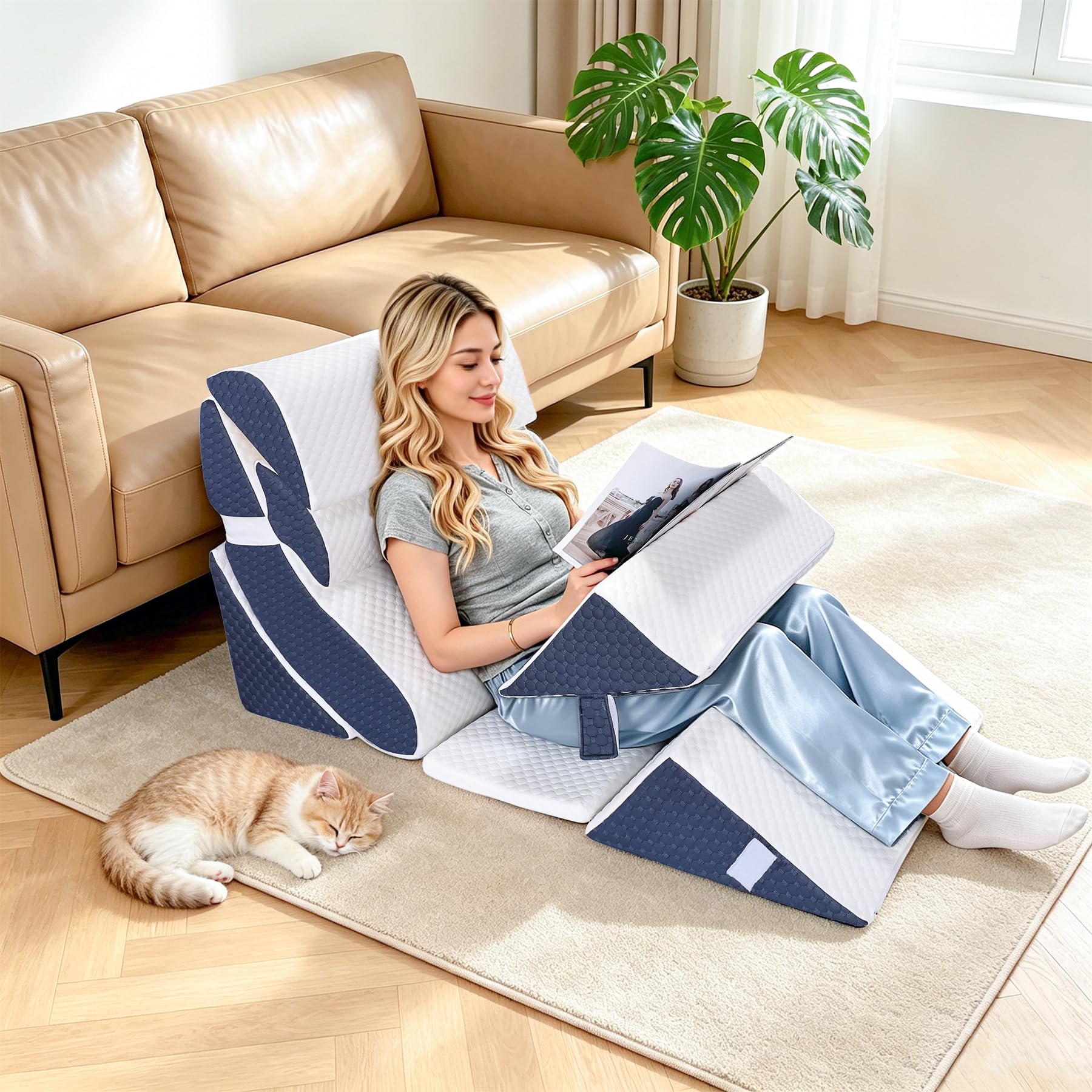 7pcs Verstellbares Keilkissen Set, Lesekissen für Rücken Nacken & Beine | Ergonomisches Bettkeil aus Hochdichteschaum für Reflux Schlafapnoe, Beinkissen & Rückenkissen beim Spielen, Lesen