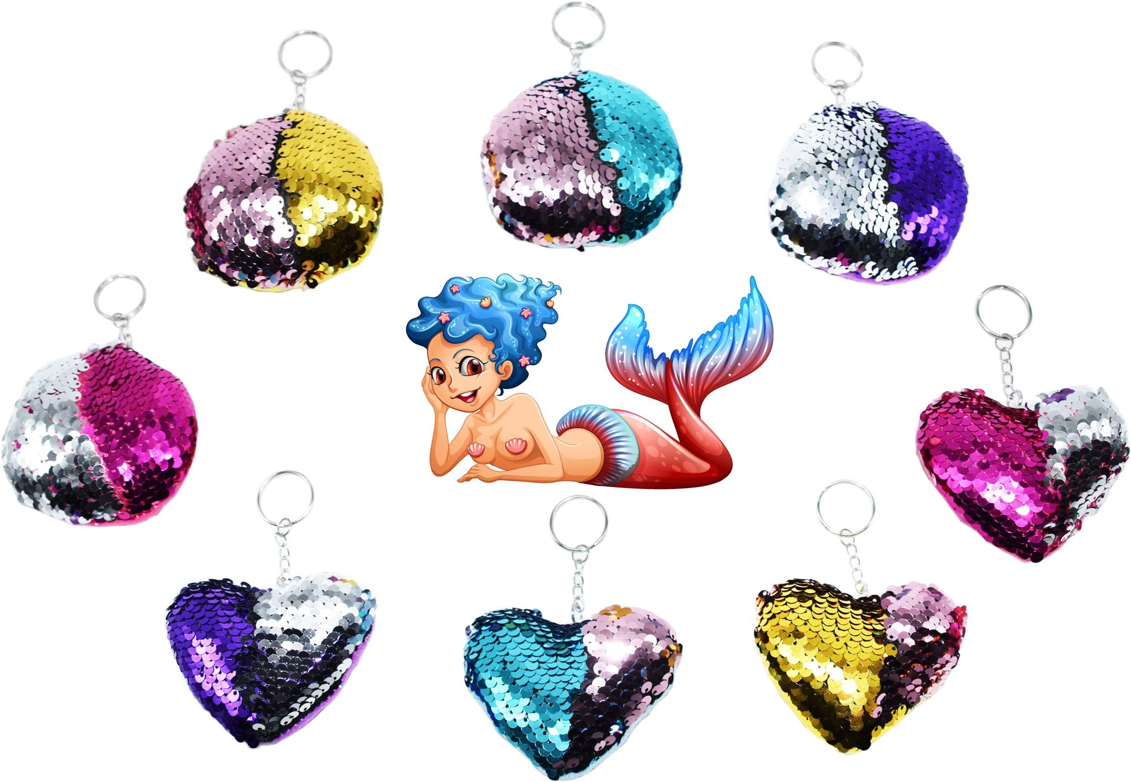 Toyme 8 Pack Mermaid Sequin Plush Keychains Mini Cute Plush Pillows, Key Chain Decorations,Novelty Key Chain for Kids Party Favours