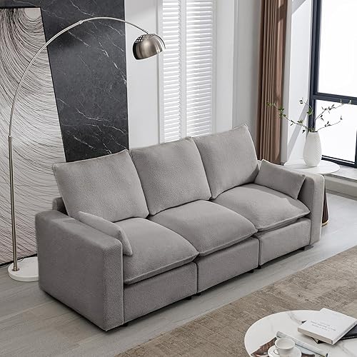 Tdewlye Modern 3 Seat Sofa with Removable Back and Seat Cushions and 2 Pillows,Teddy Fabric Couch for Living Room, Office, Apartment,Small Space,