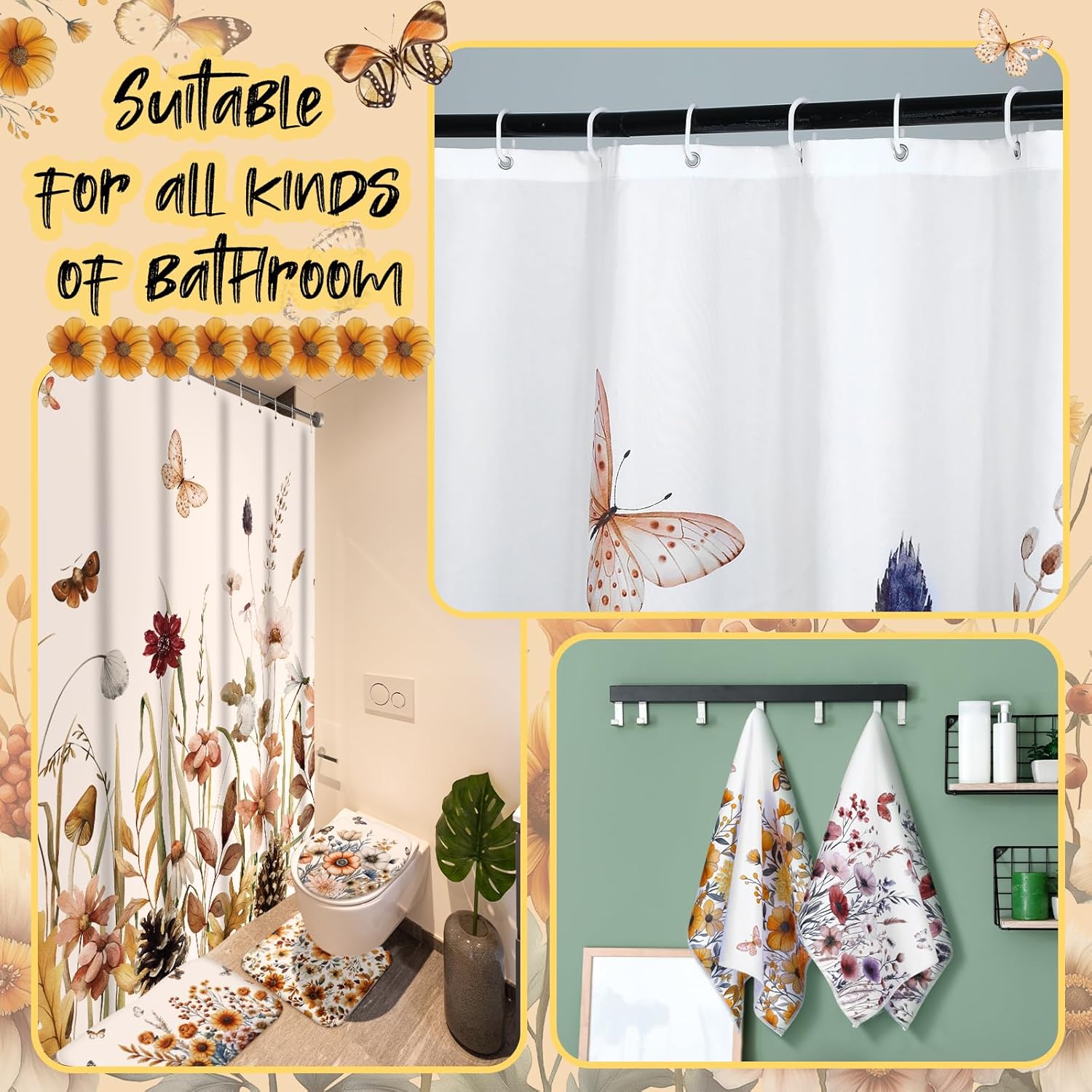 Honoson 8 Pcs Spring Floral Shower Curtain Set with Rugs and Kitchen Towels Wildflower Farmhouse Shower Curtain Bathroom Set for Farmhouse Country Summer Housewarming Gifts Decor