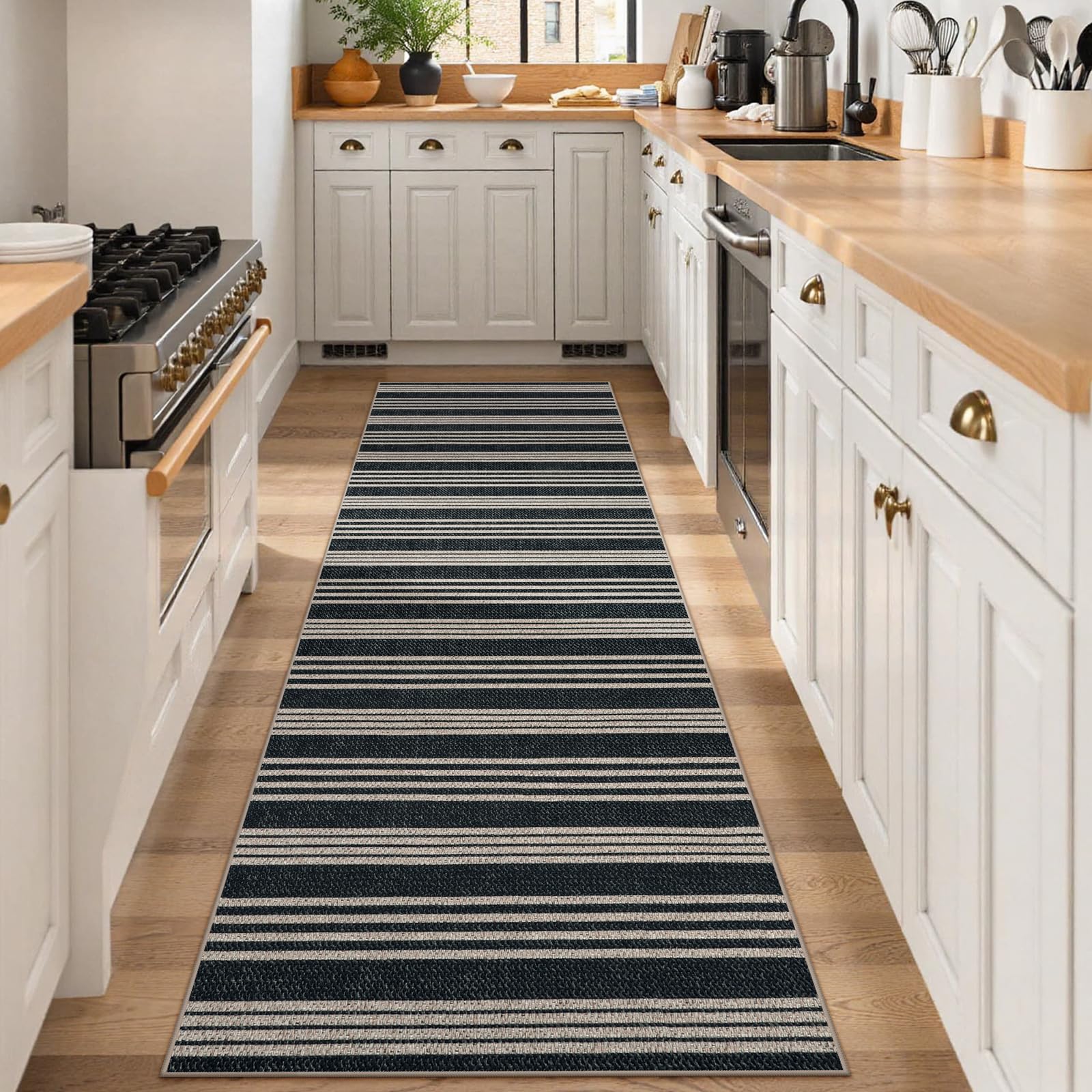 Lahome Elance Striped Easy Jute Kitchen Runner, 2x8 Neutral Indoor Outdoor Runner Rug, Farmhouse Non Slip Non Shedding Carpet for Entryway Hallway