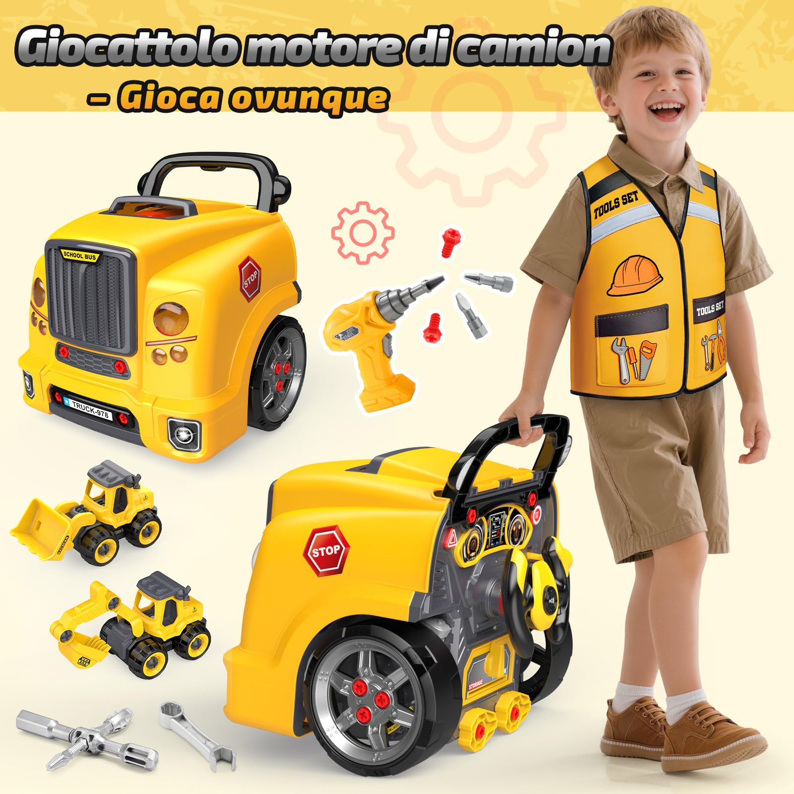 Giocattoli per Bambini Maschi 3-8 Anni: Set Gioco Meccanico con Camion Smontabile, Trapano Elettrico e Costumi da Costruzione, Gioco di Ruolo Officina, Regalo Educativo Compleanno per Bambini