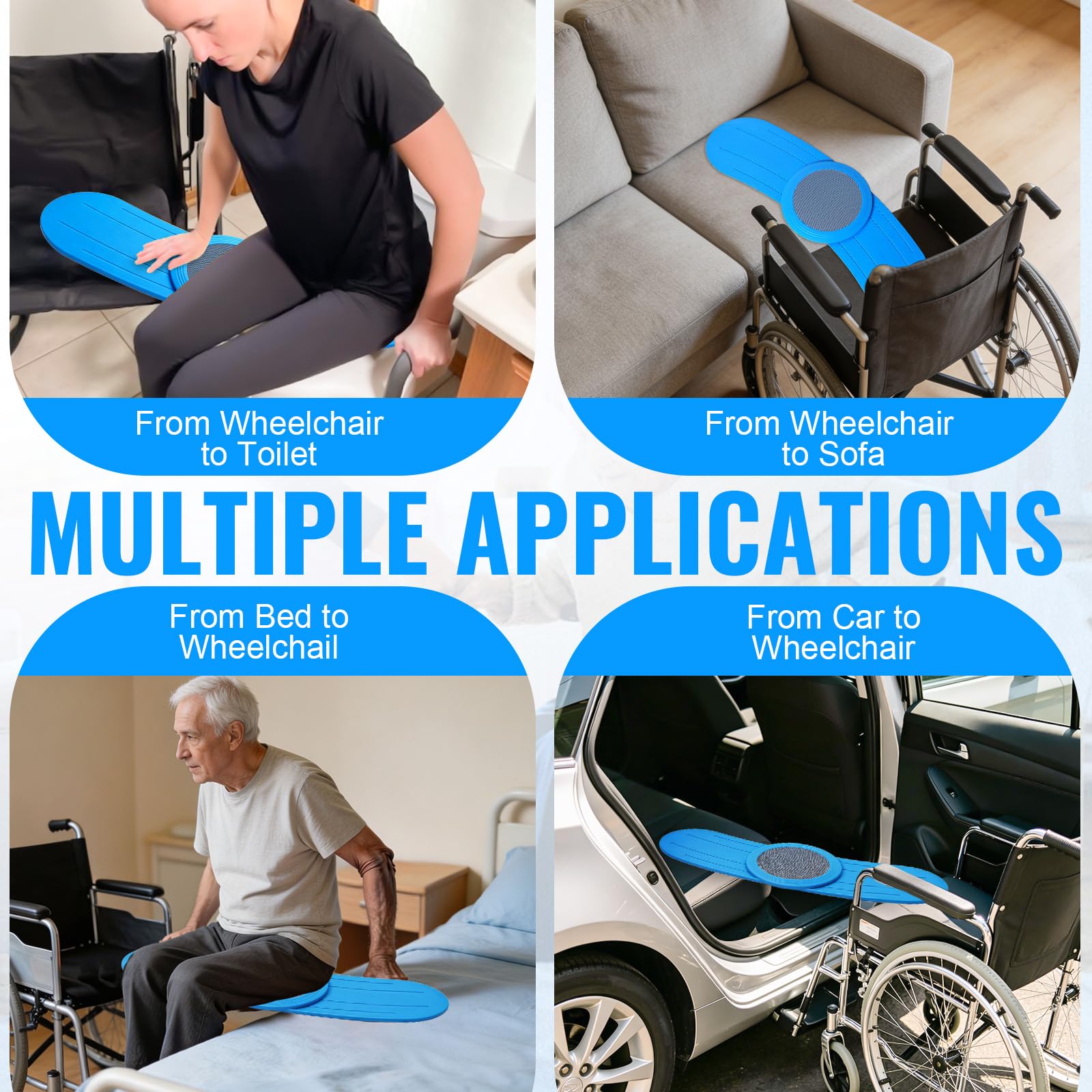 Tabla de transferencia deslizante con disco giratorio de 360°, para personas mayores y personas que necesitan cuidados, de silla de ruedas a cama, inodoro, bañera y coche (azul)