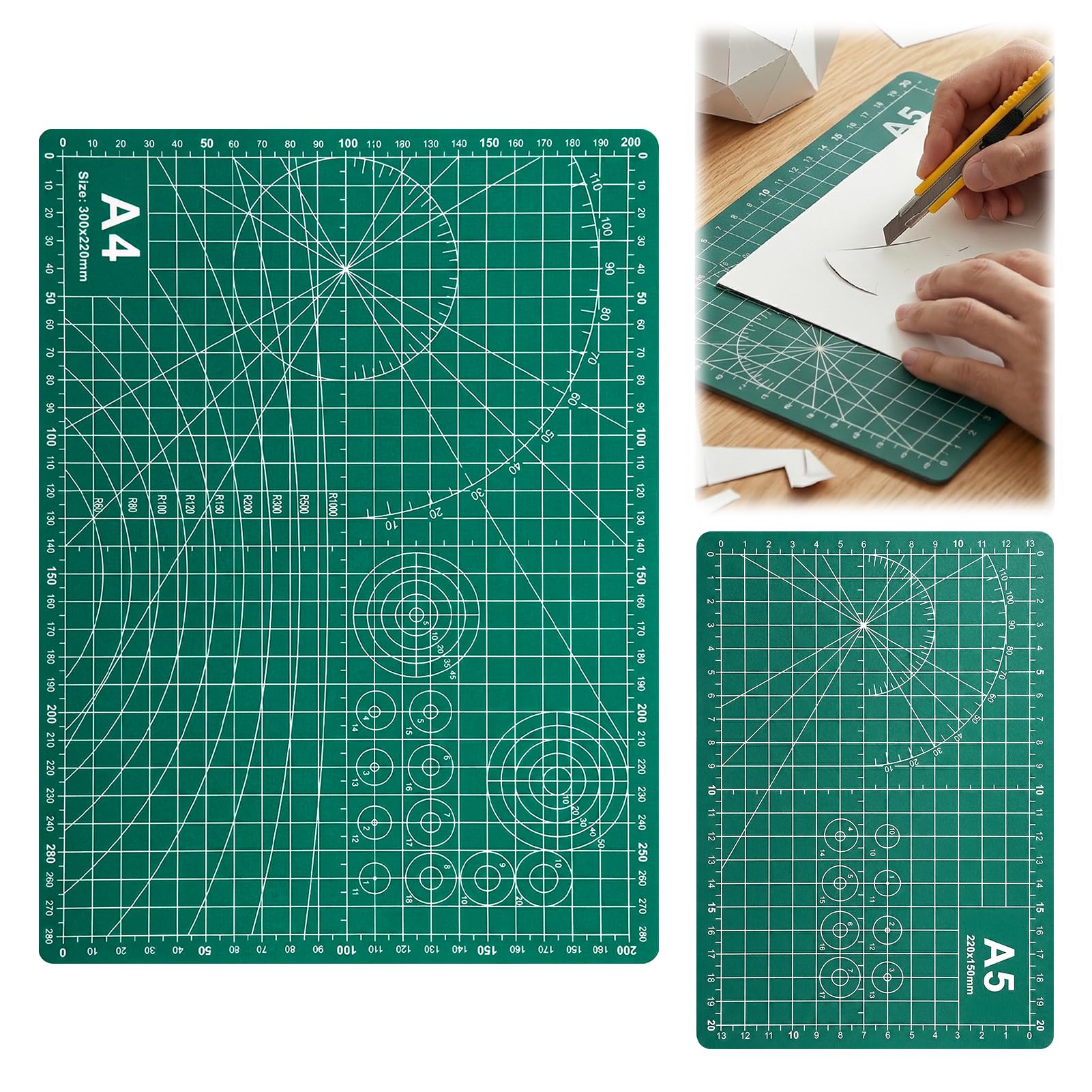 2 Pcs Cutting Mat, A4 & A5 Double-Sided Self Healing Cutting Mat, PVC Craft Board for Quilting, Sewing, Scrap Booking, Fabric & Paper Craft - Green