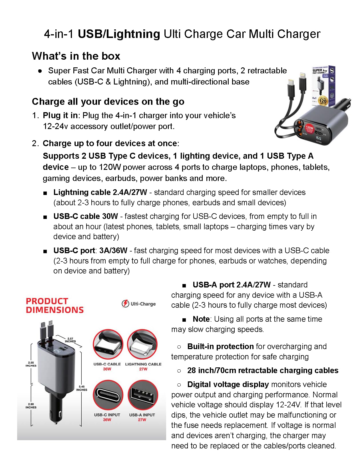 Multi Charge Pro - Cargador de Coche retráctil USB C para iPhone, Carga rápida, 120 W, 4 Puertos USB-C y USB-A y Lightning iPhone, Samsung, tabletas...