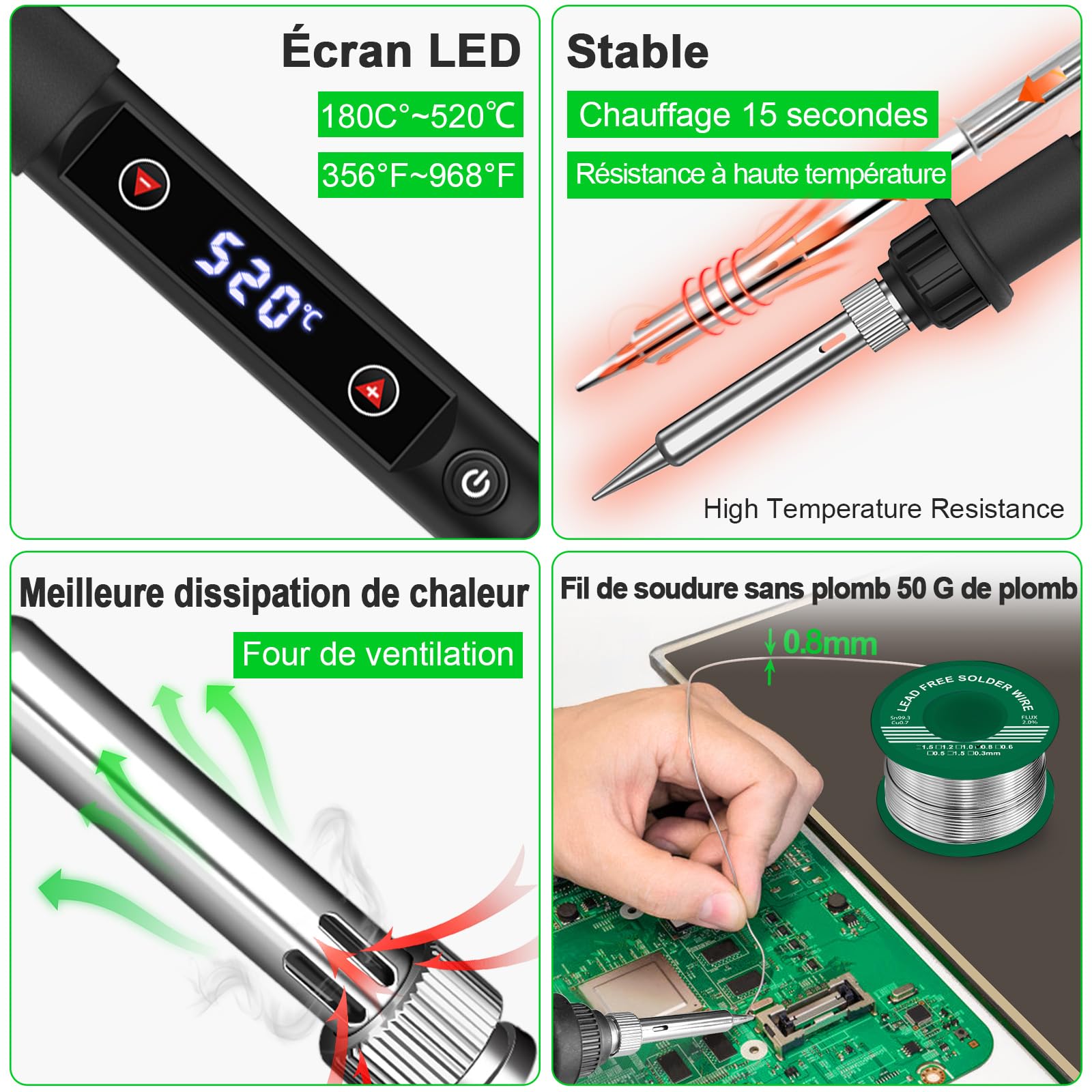 Fer à Souder Kit 80W LED Température Réglable 180-520°C Electronique de Precision avec Interrupteur ON/OFF, 5 Conseils de soudage, Pompe à Dessouder, Fil de Soudure, Station de Soudage, Pincettes