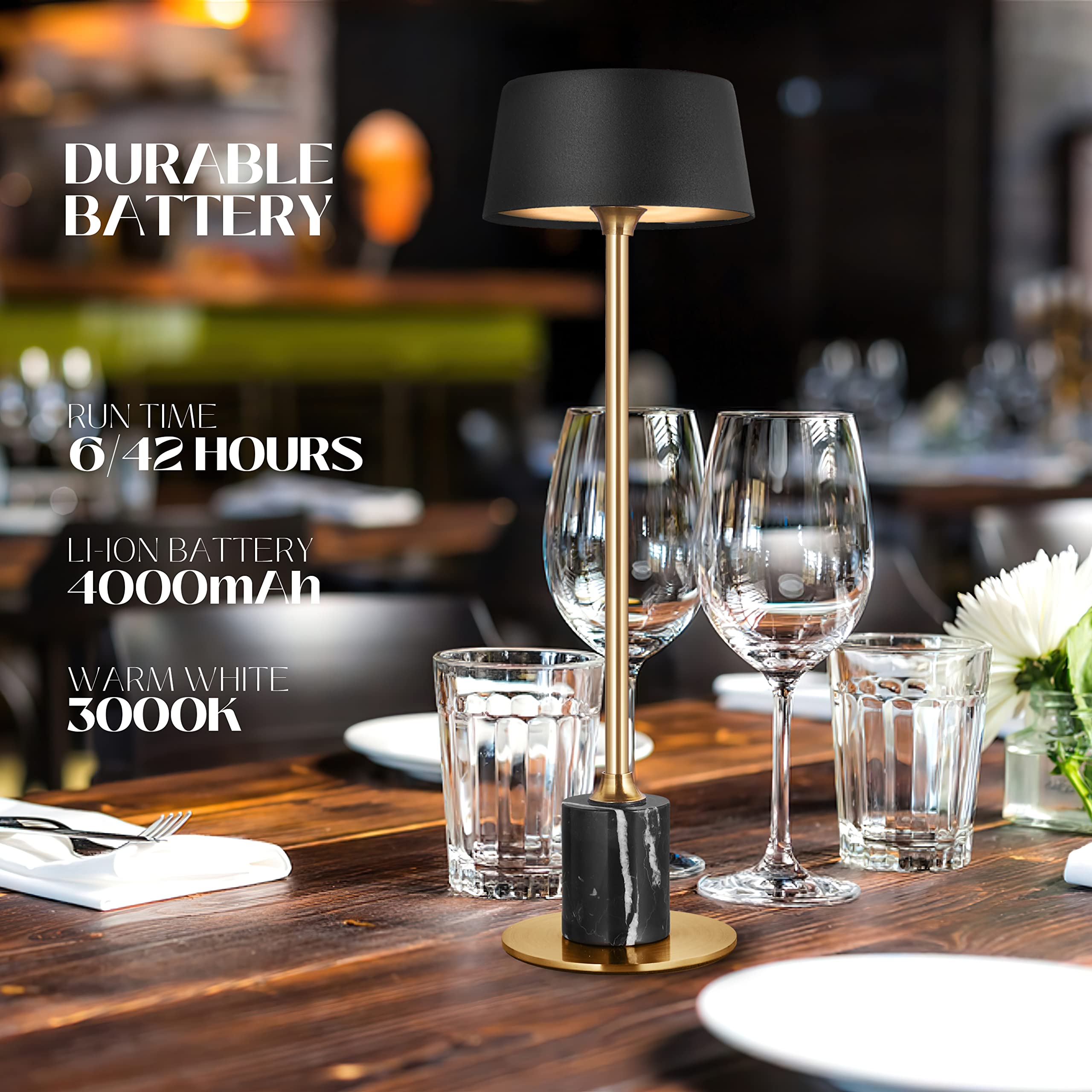 TIDATIK Cordless LED Table Lamp: Battery-Operated and Rechargeable, 4000mAh Battery Runs for 6/42 Hours, 13.9" Height. 3 Level Brightness for Bedroom, Kitchen, Restaurant(Black 4000mAh)