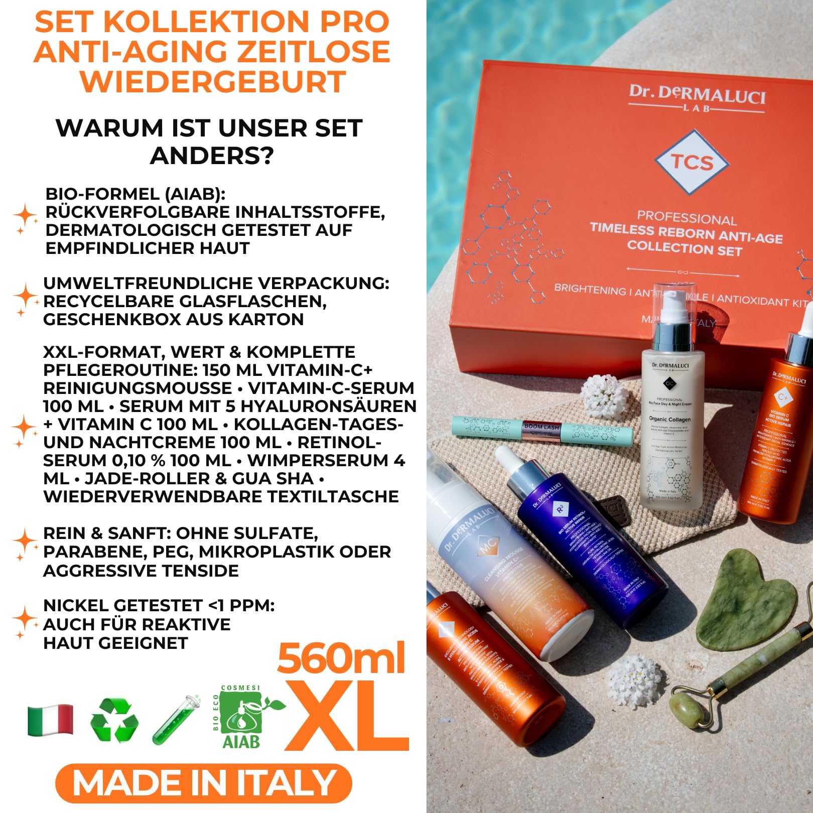 Dr. Dermaluci Lab Anti-Aging Geschenkset - Dermatologisch & Nickel Getestet, AIAB Bio - Pflegeroutine mit Vitamin C Serum, 5 Hyaluronsäuren, Retinol 0,1% & Kollagencreme + Jade Roller&Gua Sha