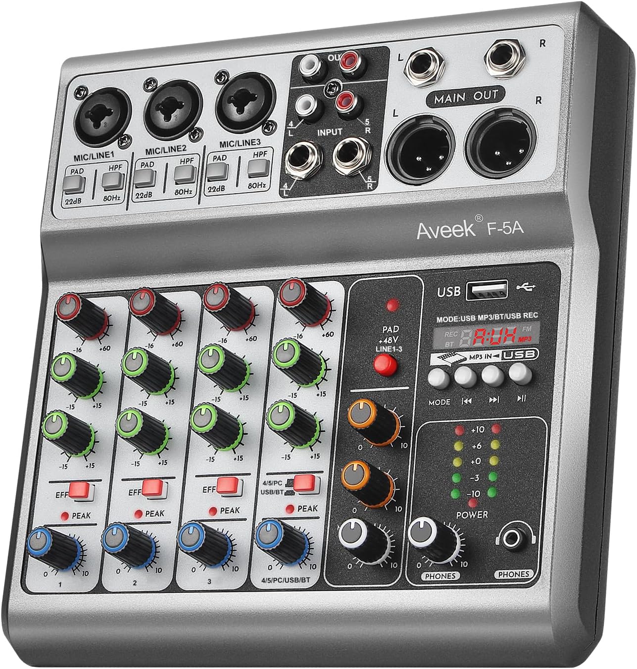 Professional Audio Mixer, Sound Board Mixing Console with 5 Channel Digital USB Bluetooth Echo Delay Effect, Input 48V Phantom Power Stereo DJ Mixers for Recording, Live Streaming, Podcasting