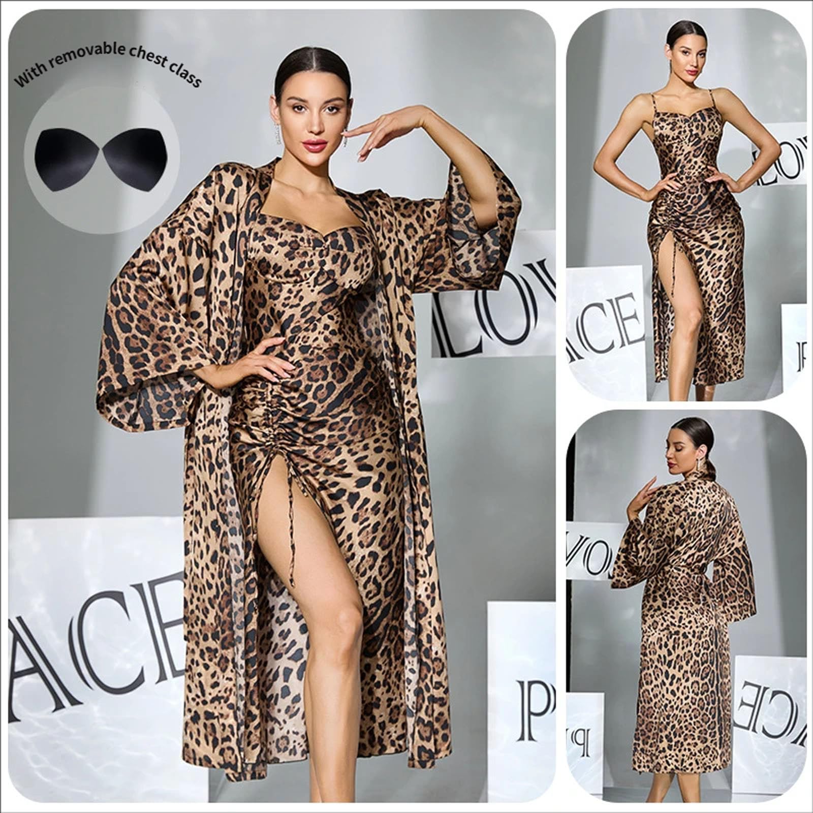 Nachtwäsche Set mit Leopardenmuster, abnehmbarem, gepolstertem BH und Robe mit, elegantes Pyjama Kleid für Damen, Damen Nachtwäsche