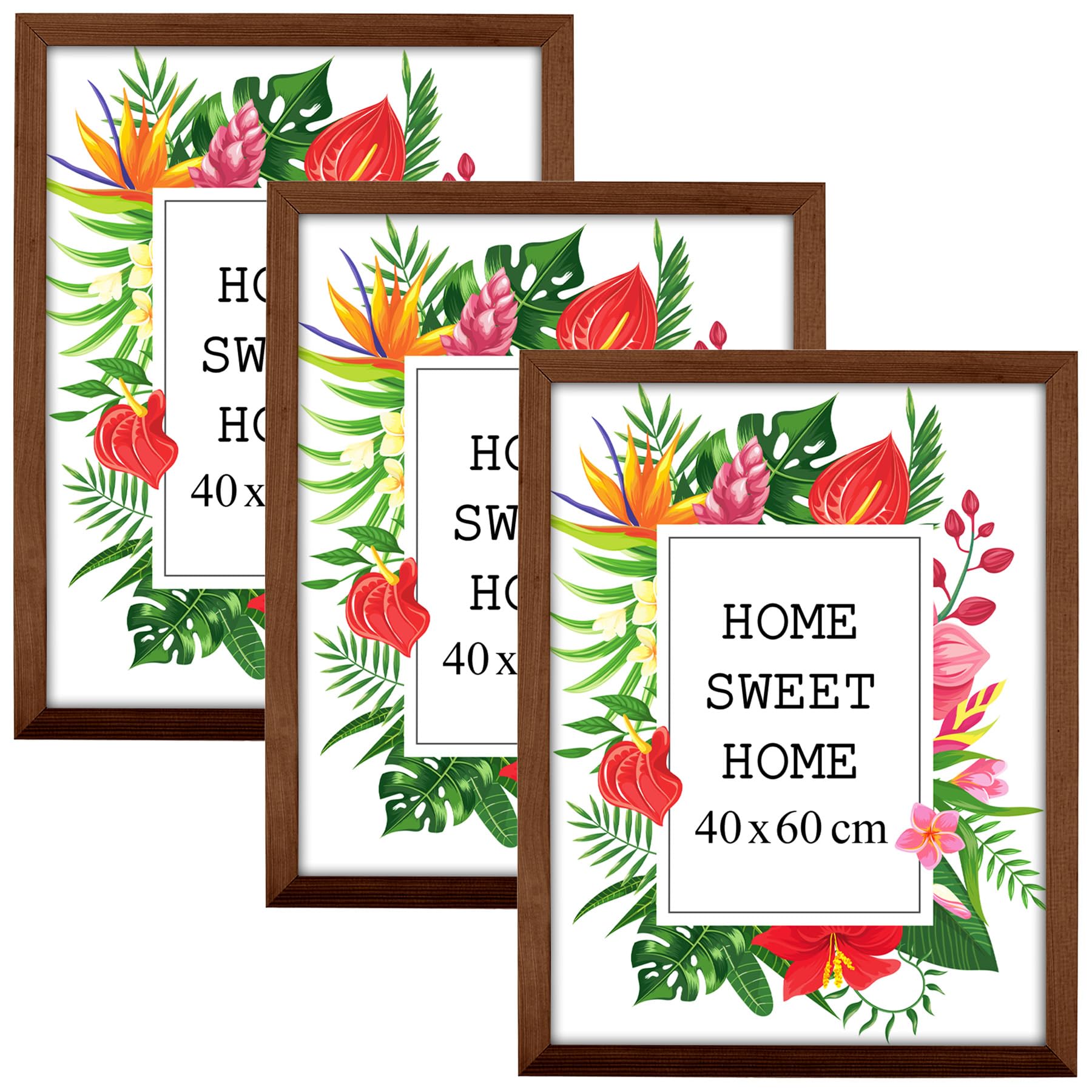 MG Design Set of 3 Wooden Picture Frame 16x24 inch (40x60 cm), Brown Real Wood Frame with Acrylic Glass, Vertical & Horizontal Hanging – for Photos, Posters, Certificates, Puzzles