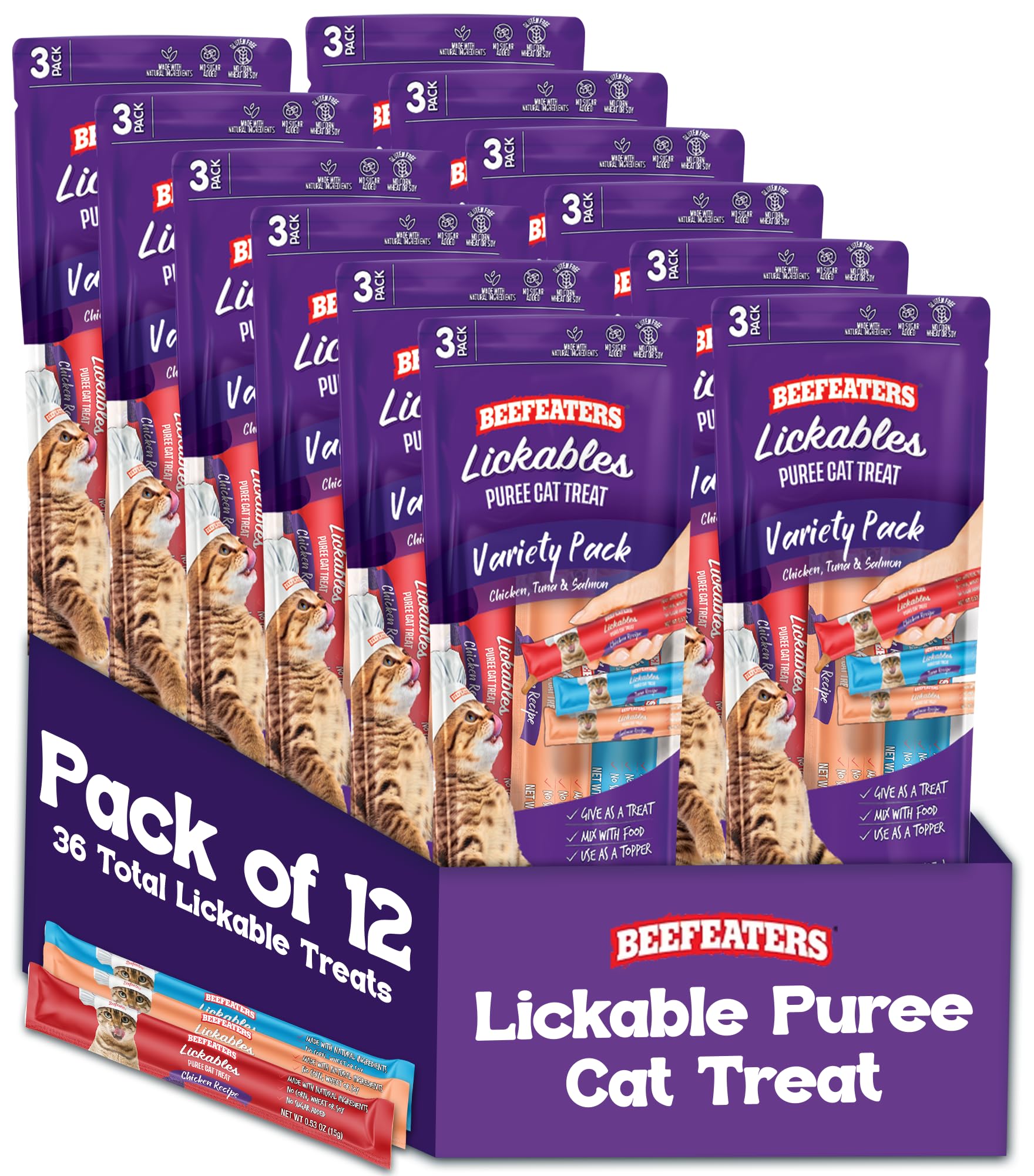 Variety Pack Pure Cat Treats 1.59oz (12 Pack) | Lickable Squeeze Tube Treats, Grain-Free, No Added Sugar, Taurine-Enriched, Ideal for Bonding, Seniors, Toppers & Everyday Treating