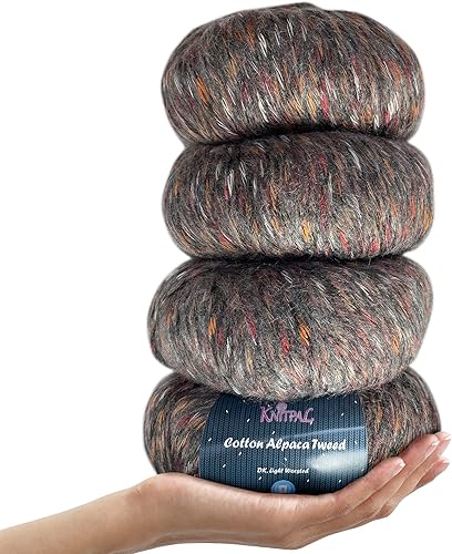KnitPal Paquete de 4 hilos de alpaca de algodón de tweed, 3 DK, paquete de 4 (588 yardas7.05 oz), mezcla multicolor súper suave y esponjosa para