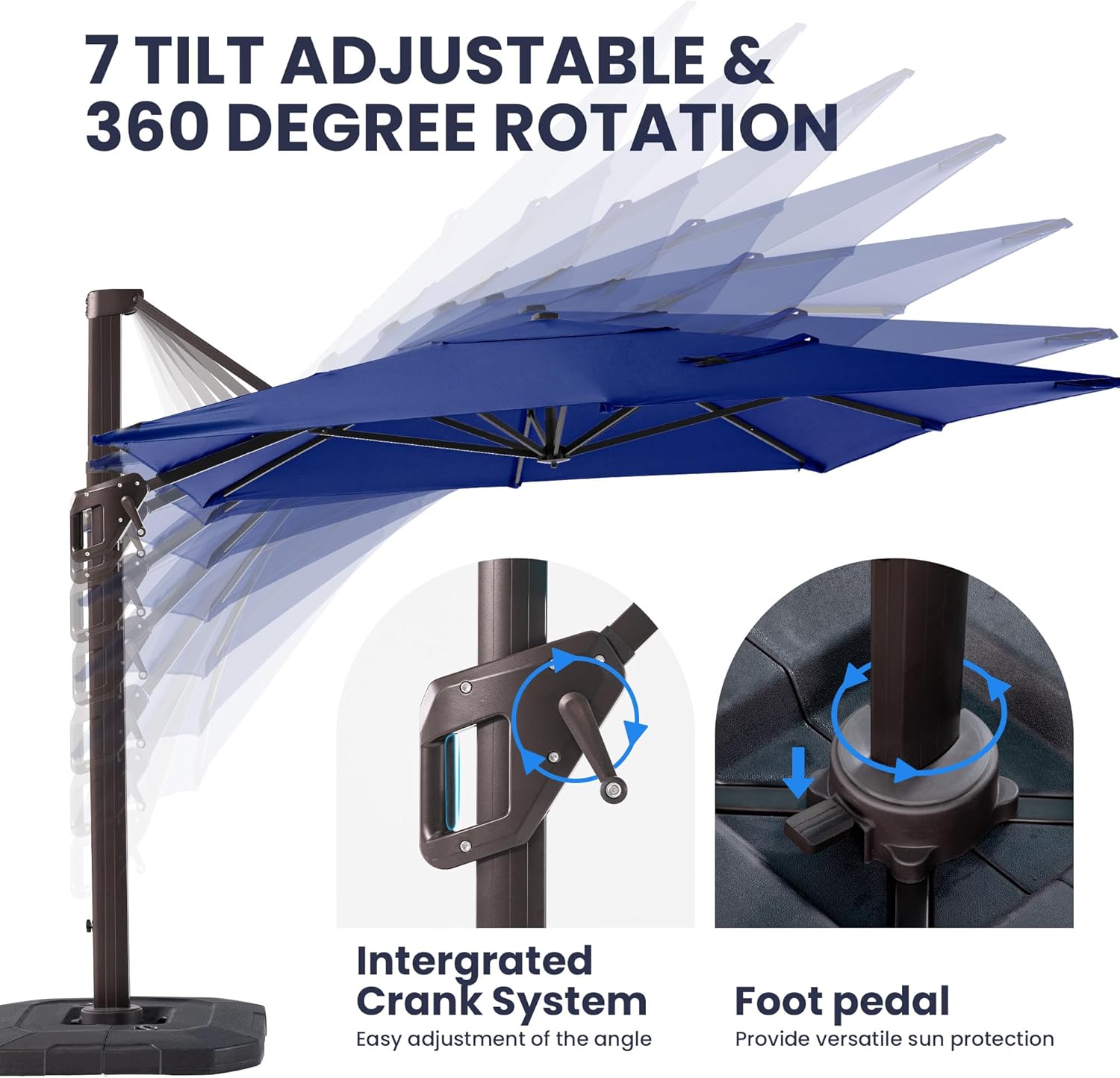 9' X 12' Cantilever Patio Umbrella with Base Included Rectangular Outdoor Large Offset Umbrellas with 7 Tilts Adjustable 360°Rotation for Deck Pool Garden Backyard, Navy - Image 4