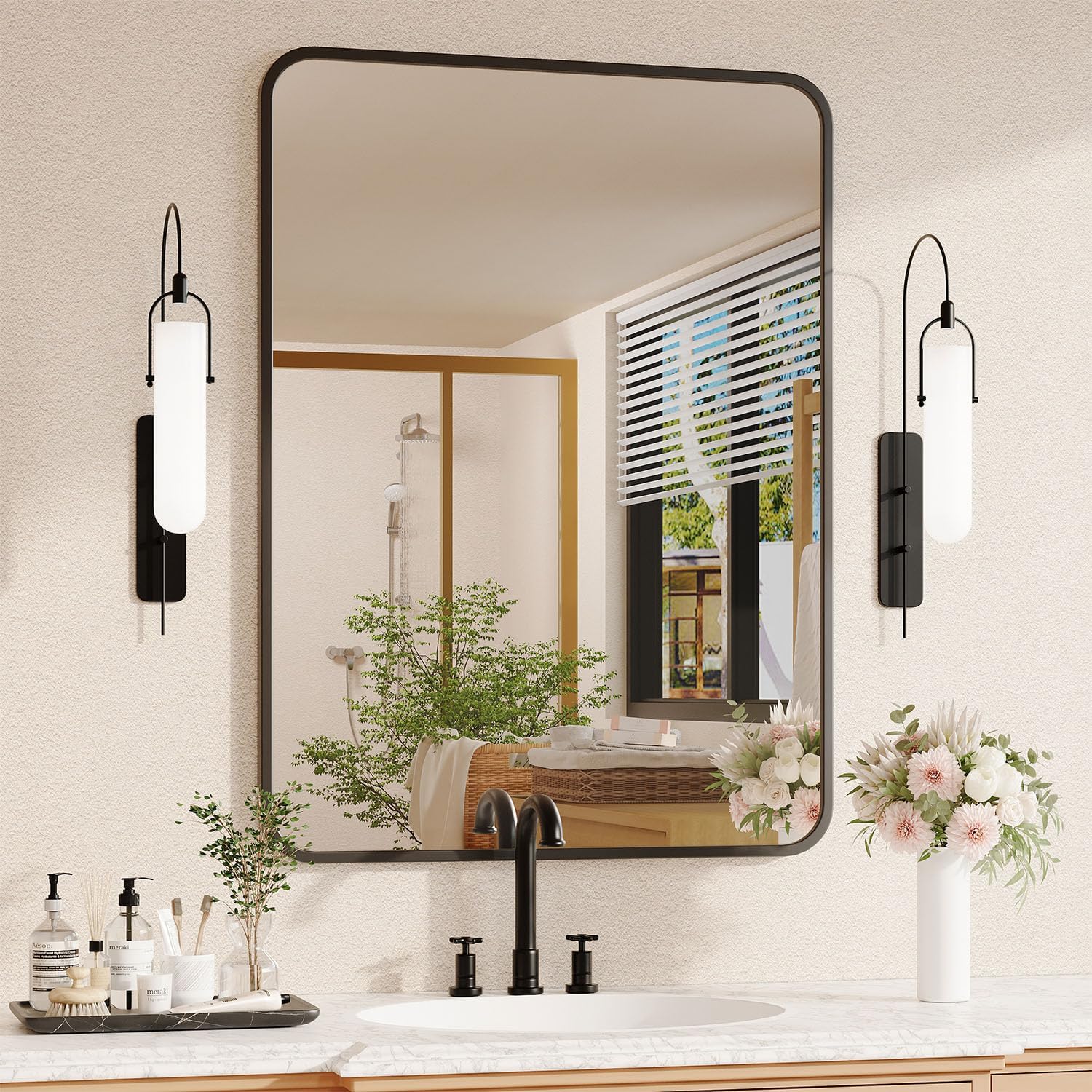 Black Bathroom Mirror for Over Sink - 22×30 Rectangle Bathroom Vanity Mirror Wall Mounted with Matte Aluminum Frame & Rounded Corners, Shatterproof Tempered-Glass, Horizontal/Vertical 22"L x 30"W Black Frame - Thin