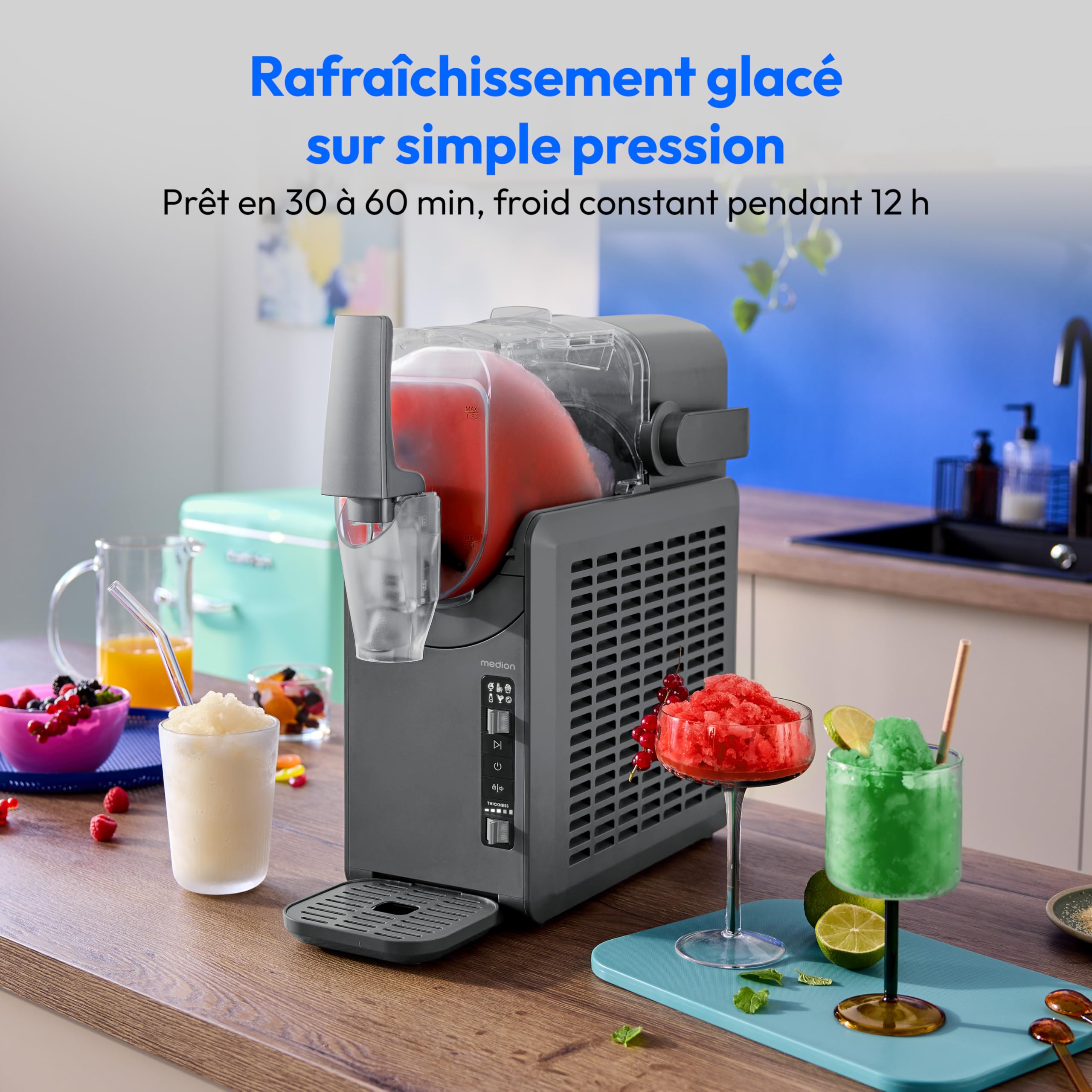MEDION Machine à granité (boissons glacées, capacité 2,6 L, réservoir 1,9 L, slush machine pour boissons, 5 modes de boisson, machine a glace, préparation en 30–60 min, compresseur, MD12090)