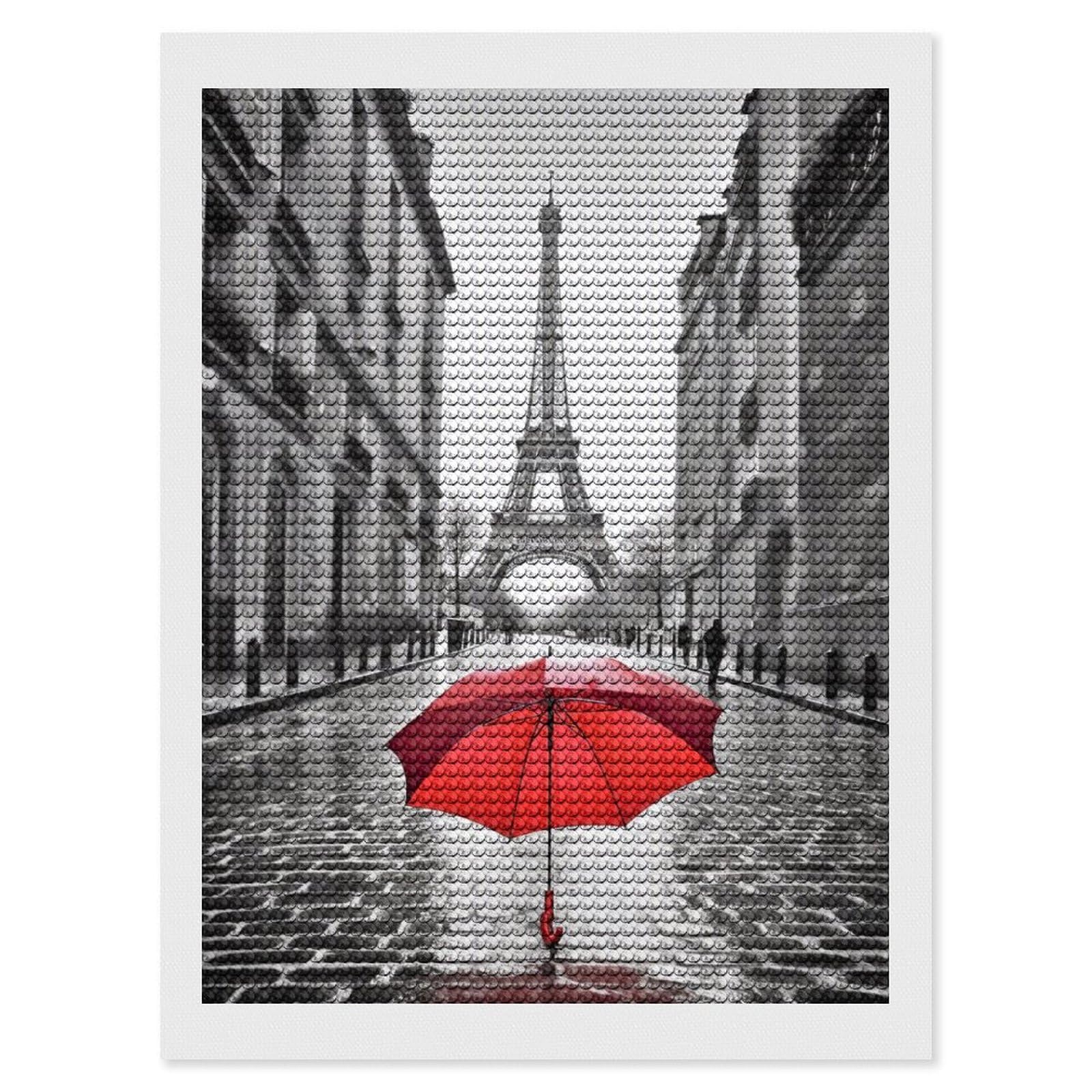 FodPand Diamond Art Kits for Adults, 5D Aurora Diamond Painting Kits for Beginners, Eiffel Tower Paris Red Umbrella DIY Full Drill Dots Gem Art Paint Crafts for Home Wall Decor 12"x16"