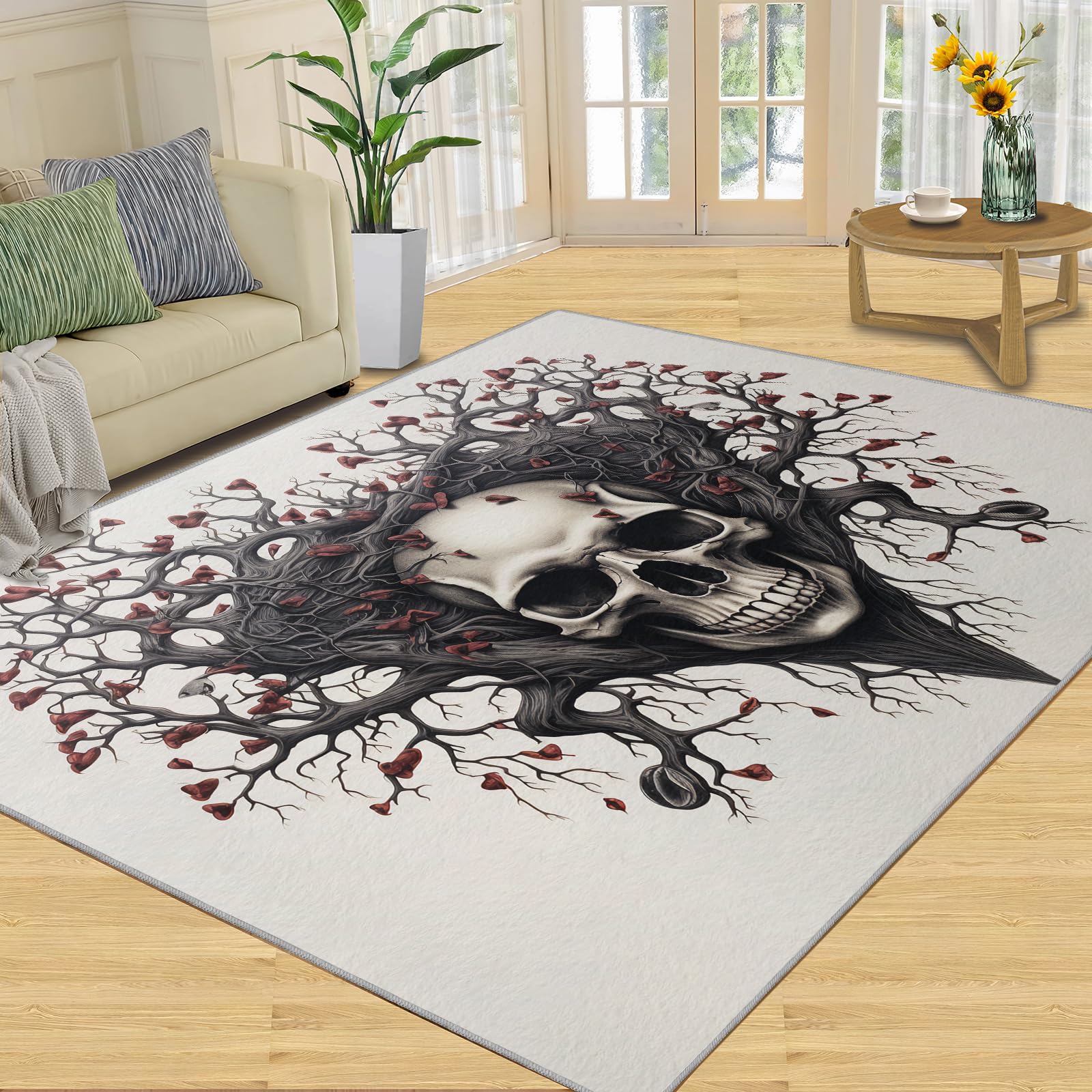 Tapis de salon antidérapant facile d'entretien motif cranium arboréal gothique