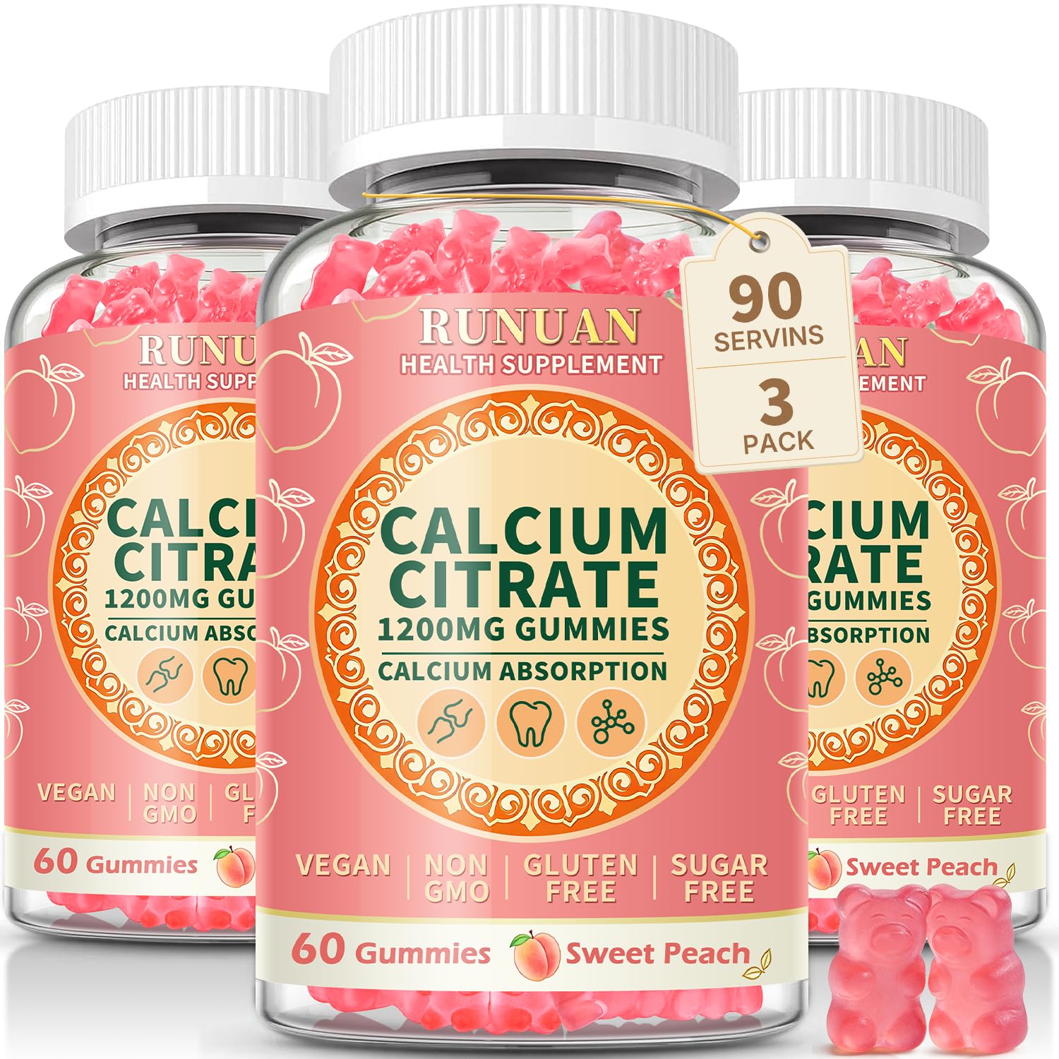 3 Pack Calcium Citrate Gummies 1200mg Sugar Free for Women Men Adults Peach 60 Count (Pack of 3)