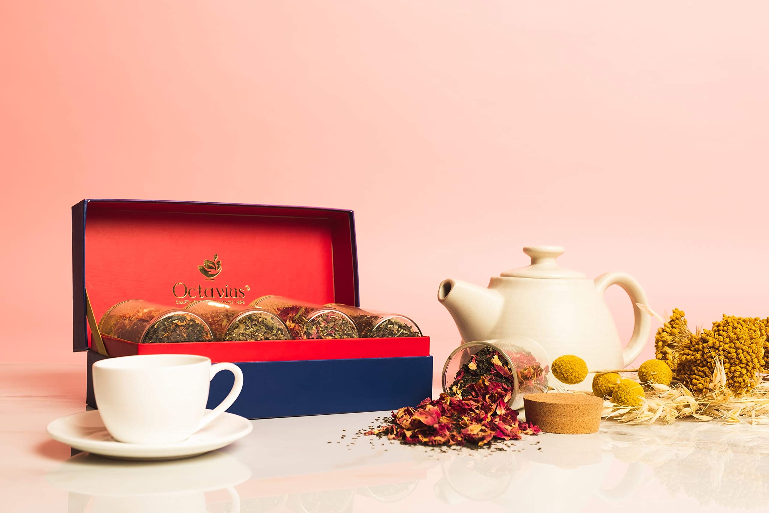 Octavius Tea Treasure | Festive Edition Teas | 4 Assorted Loose Leaf Green Tea Infusions | Packed in Charming Cork-Lid Glass Vials | Premium Christmas Gift Hamper | Tea Gift Set For Tea Lovers 4