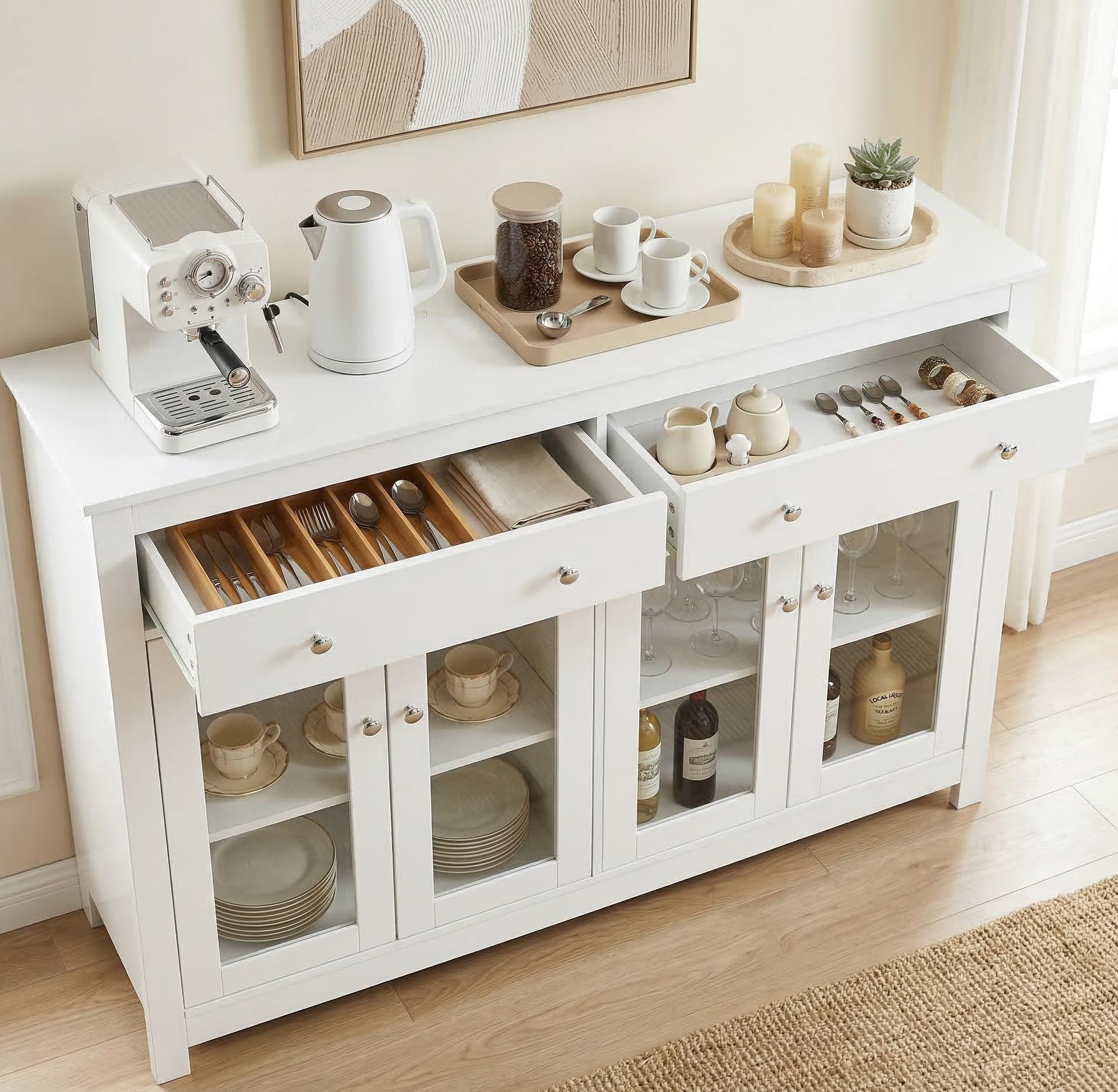Sideboard,Küchenschrank mit Arbeitsplatte,Küchenommode mit 4 glastüren,2 Schubladen,Verstellbaren Regalen & Anti-Kipp-Set,für Küche Wohnzimmer Esszimmer,Buffetschrank 140x90x40cm,Weiß