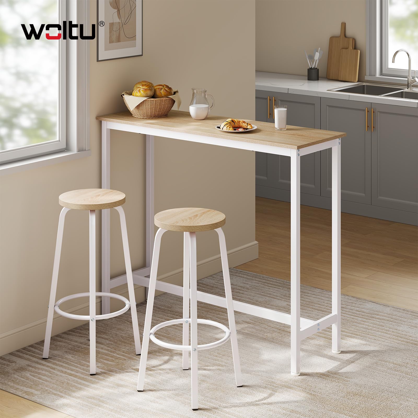 WOLTU Set Mesa de Bar y 2 Taburetes, Muebles de Bistro de Comedor para Salon, Barra Cocina con Estructura de Metal, 120x40x100cm, Blanco + Roble Claro