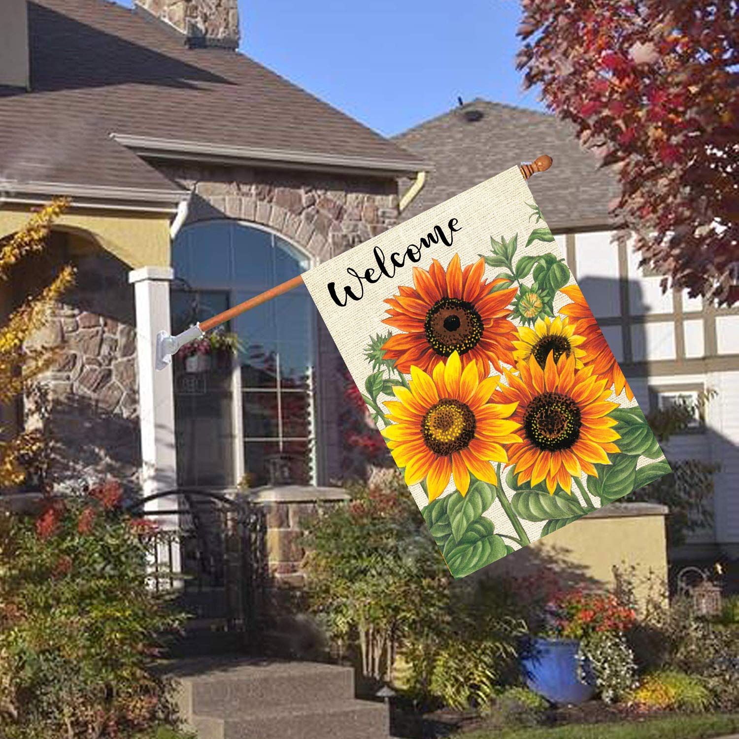 Herbst-Gartenflagge 'Willkommen' Mit Vogelscheuche & Kürbis – 30,5x45,7 Cm, Doppelseitig Aus Jute, Für Drahtständer