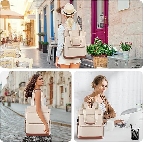 Vista 7 de Mochila para laptop para mujer, 15.6 pulgadas con correas ocultas para el hombro, puerto de carga USB, mochila convertible para profesores