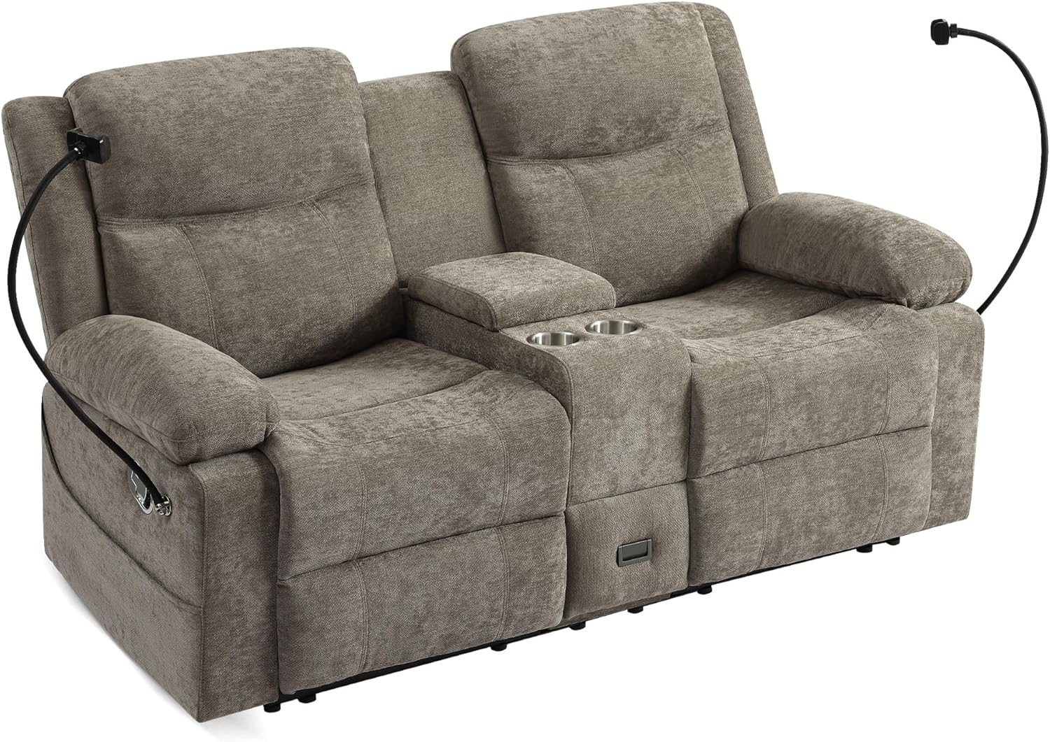 Chenille Fabric Manual Recliner Loveseat Sofa with Hidden Drawer, Flip Console, USB/Type-C Ports, Phone Holder & Cup Holders, Space-Saving Wall Hugger Couch for Small Spaces, Apartments, RVs, Brown