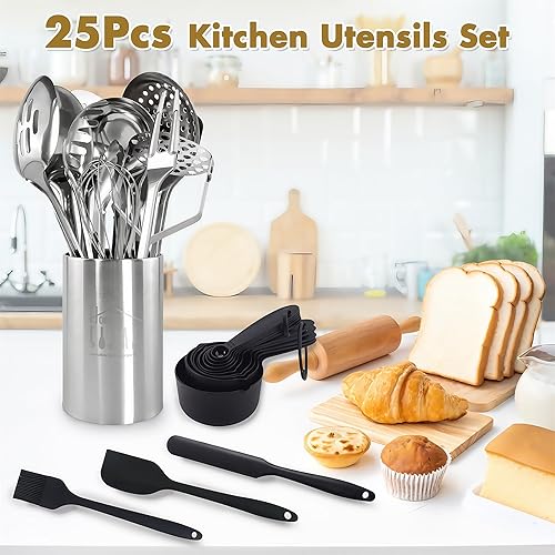 Miniatura 2 de Juego de utensilios de cocina de acero inoxidable, juego de 25 utensilios de cocina con soporte, juegos de utensilios de cocina resistentes al calor