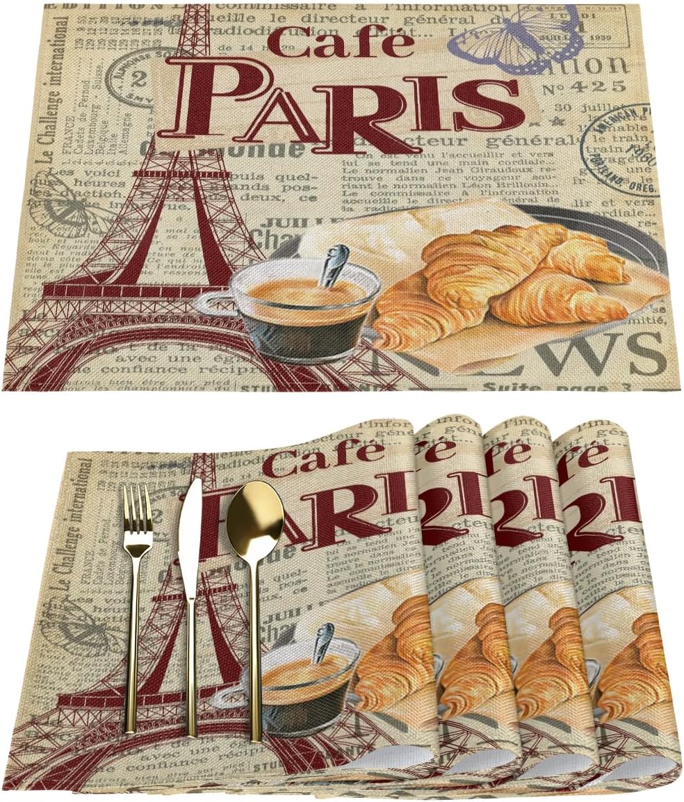 Cafe Paris Placemats 12x18 Inch Set of 6, Heat Resistant Eiffel Tower Place Mats Washable Wipeable Table Mats for Party Kitchen Dining Decoration