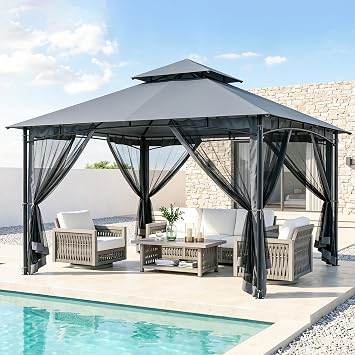 12 X 12 Outdoor Patio Gazebo, Metal Frame Outdoor Gazebos with Double Roofs, Outdoor Shelter Tent, Outdoor Gazebo Canopy with Mosquito Netting for Deck, Lawn, Backyard Garden, Steel Gray