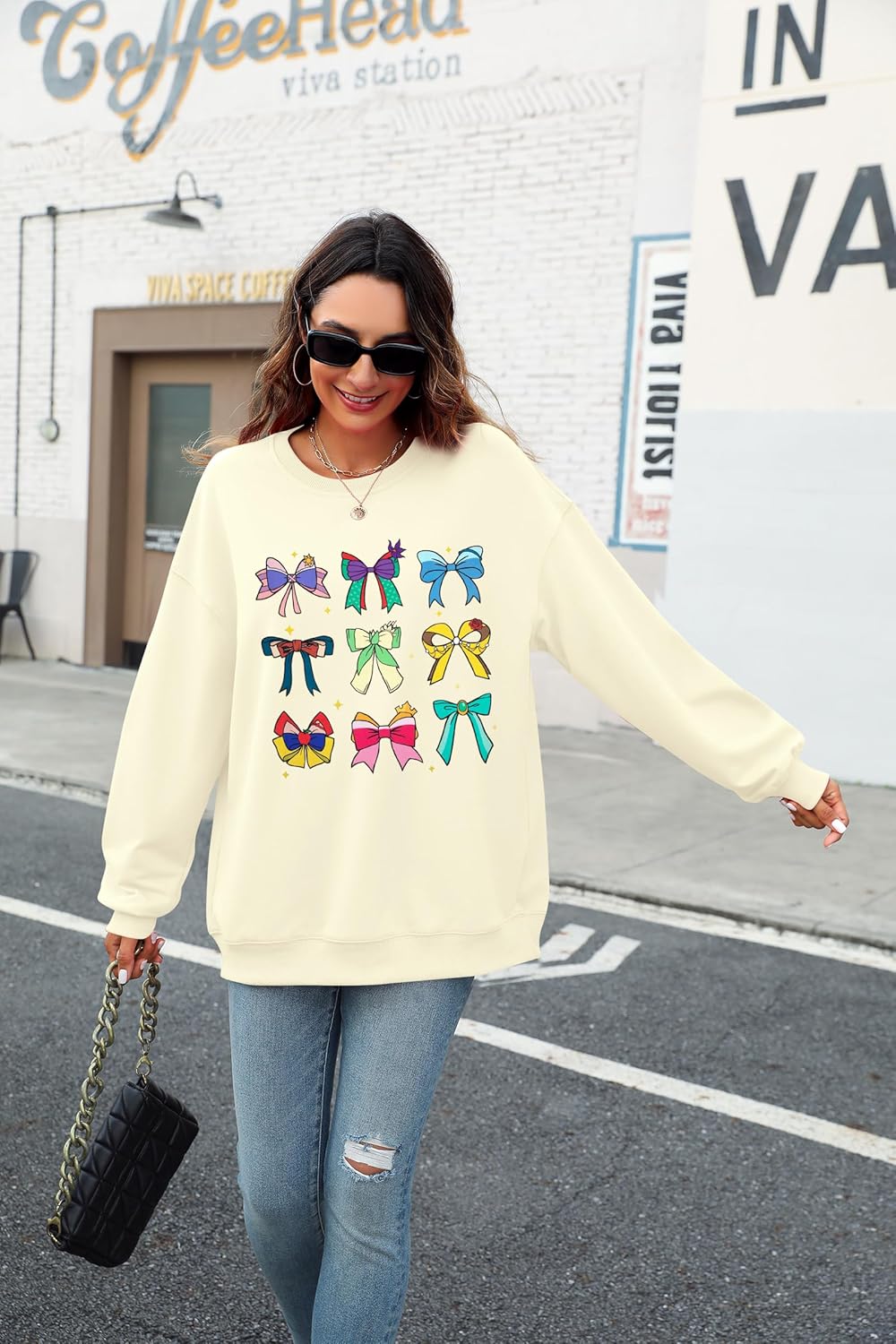 UNIQUEONE Oversized Sequins Bow Sweatshirt - Women Magic Kingdom Sweater Pastel Graphic Coquette Tee Holiday Pullover - Image 4